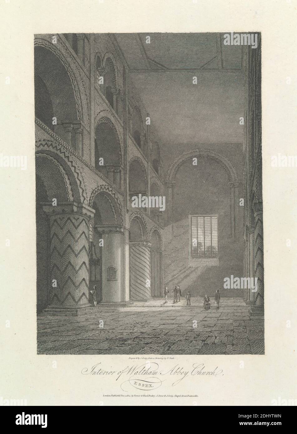 All'interno della chiesa abbaziale di Waltham, sobborgo esterno - Est, John Greig, attivo 1800–1853, britannico, dopo Frederick Nash, 1782–1856, inglese, 1804, Engraving Foto Stock