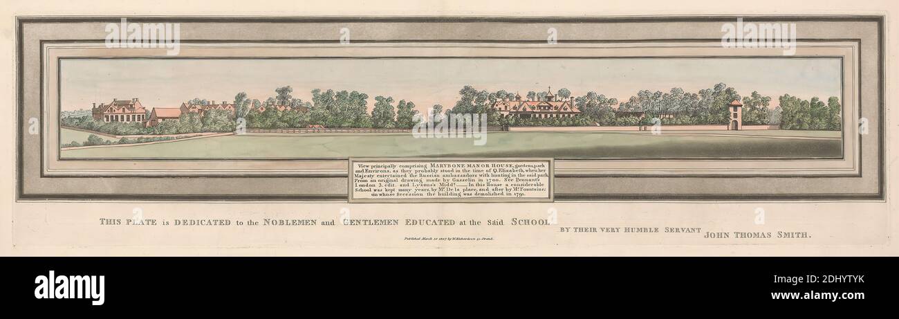 Marybone Manor House al tempo della regina Elisabetta, John Thomas Smith, 1766–1833, inglese, dopo Francois Gasselin, ca. 1683–1703, Francese, 1807, Aquatint, colorato a mano Foto Stock