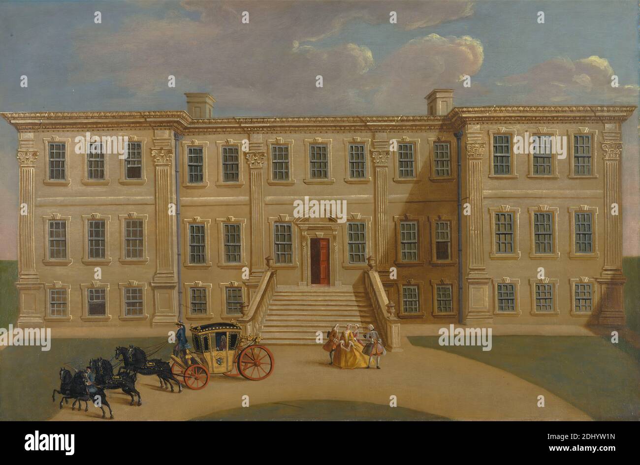 Calke Hall, Derbyshire, la sede di Sir Henry Harpur, Bt., artista sconosciuto, XVIII secolo, ca. 1734, olio su tela, supporto (PTG): 23 3/4 x 36 pollici (60.3 x 91.4 cm), soggetto architettonico, architettura, carrozza, carrello, paesaggio urbano, pullman, stemma, colonne (elementi architettonici), costume, casa di campagna, vialetto, cavalli (animali), casa, paesaggio, uomini, strada, scale, gradini, donna, Derbyshire, Inghilterra, Ticknall, Regno Unito Foto Stock