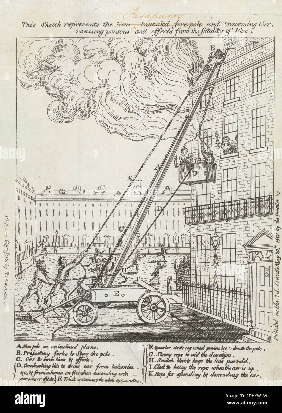 Pubblicità per una fuga dal fuoco, Richard Newman, 1805, Engraving Foto Stock