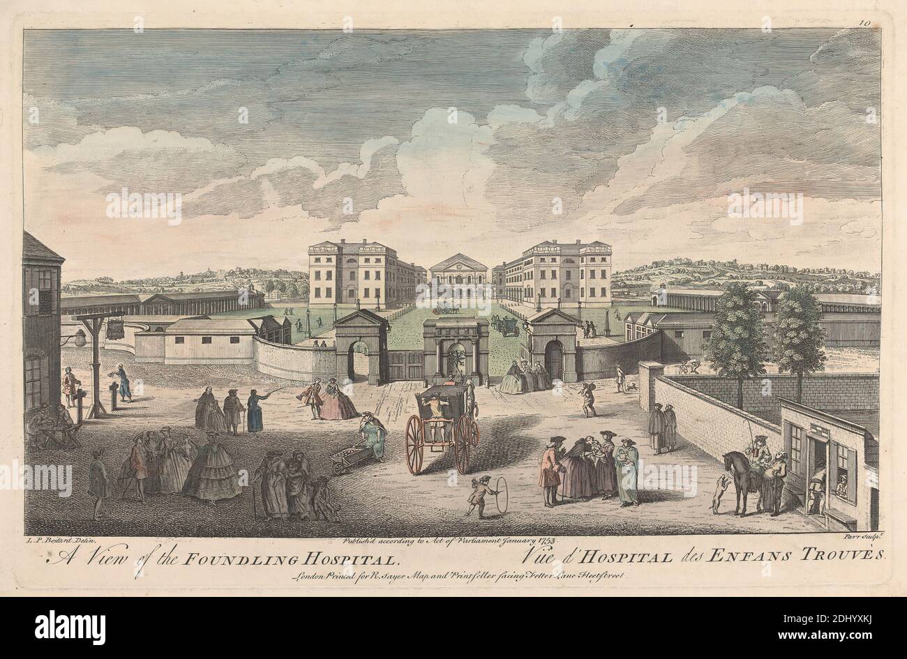 A View of the Foundling Hospital, Remi Parr, attivo 1723–1750, inglese, dopo Louis Philippe Boitard, attivo 1734–1760, 1753, incisione a mano colorata Foto Stock