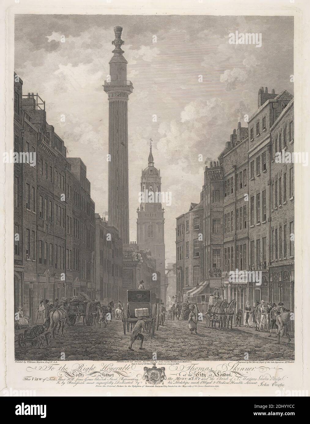 Questa vista di Fish Street Hill da Grace Church Street che rappresenta il monumento, Thomas Morris, attivo 1771–1794, dopo William Marlow, 1740–1813, inglese, 1795, Engraving Foto Stock