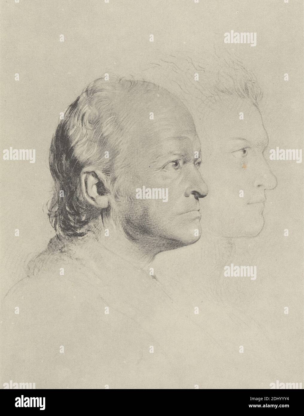 Riproduzione di "William Blake in Youth and Age", Stampa realizzata da George Richmond, 1809–1896, British, dopo Frederick Tatham, 1805–1878, British, Circle of William Blake, 1757–1827, British, ca. 1830, litografia con tinta grigia su carta di wove di spessore moderato, liscia, crema, foglio: 10 11/16 x 7 13/16 pollici (27.2 x 19.9 cm) e immagine: 5 3/4 x 4 1/2 pollici (14.6 x 11.4 cm), testa, contorno, ritratto, profilo, tempo, gioventù Foto Stock