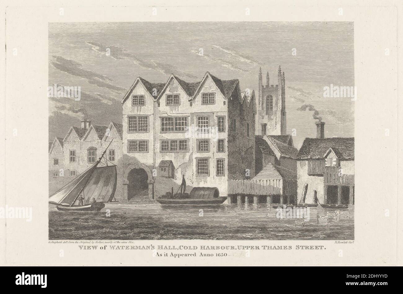 Vista di Watermans Hall, Cold Harbour, Upper Thames Street, Bartholomew Howlett, 1767–1827, inglese, dopo George Shepherd, attivo 1782–1830, e Venceslaus Hollar, 1607–1677, Bohemian, 1820, Engraving Foto Stock