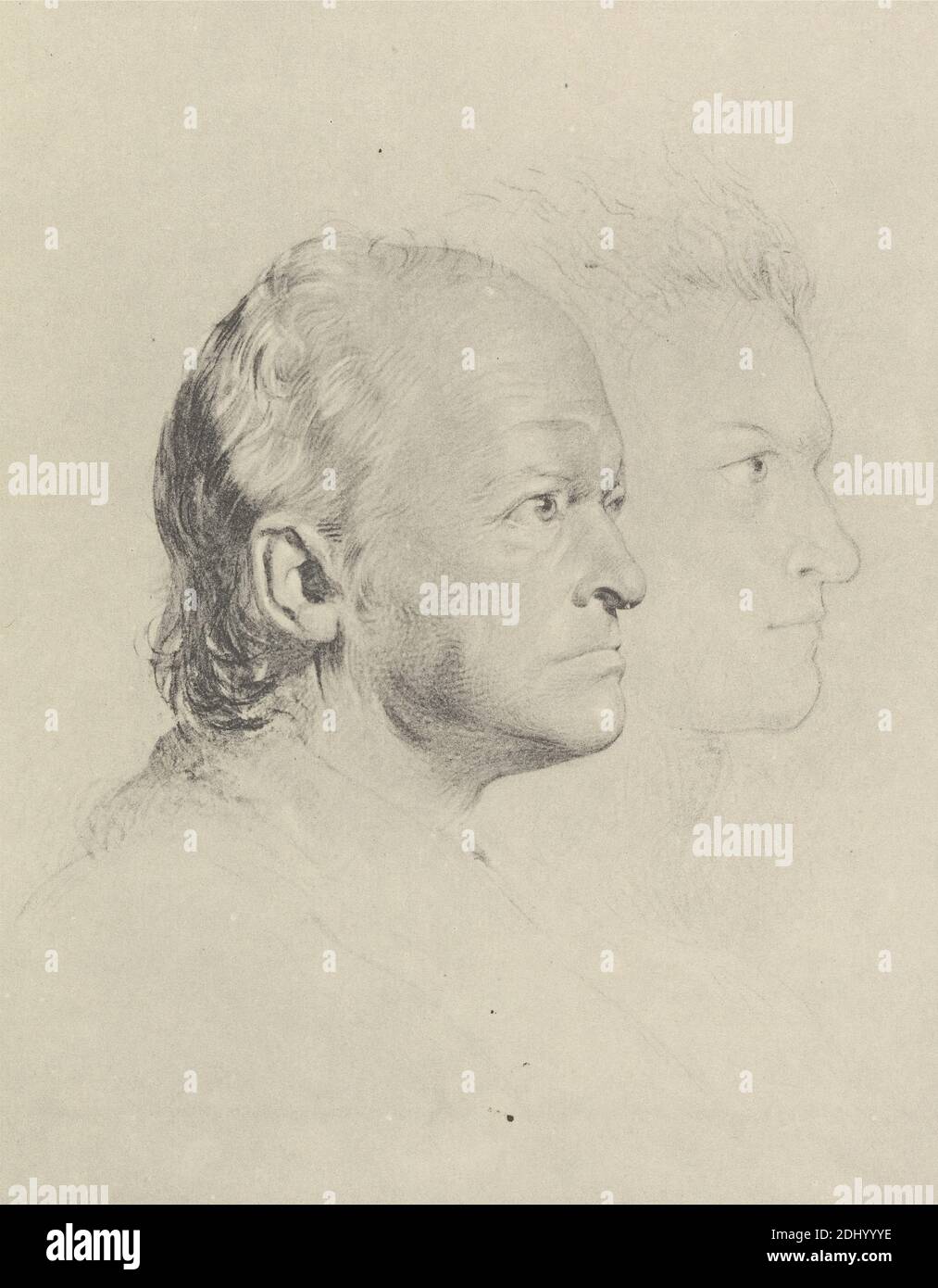Riproduzione di "William Blake in Youth and Age", Stampa realizzata da George Richmond, 1809–1896, British, dopo Frederick Tatham, 1805–1878, British, Circle of William Blake, 1757–1827, British, ca. 1830, litografia con tinta grigia su carta di wove di spessore moderato, liscia, crema, foglio: 10 11/16 x 8 1/16 pollici (27.1 x 20.5 cm) e immagine: 5 3/4 x 4 1/2 pollici (14.6 x 11.4 cm), testa, contorno, ritratto, profilo, tempo, gioventù Foto Stock