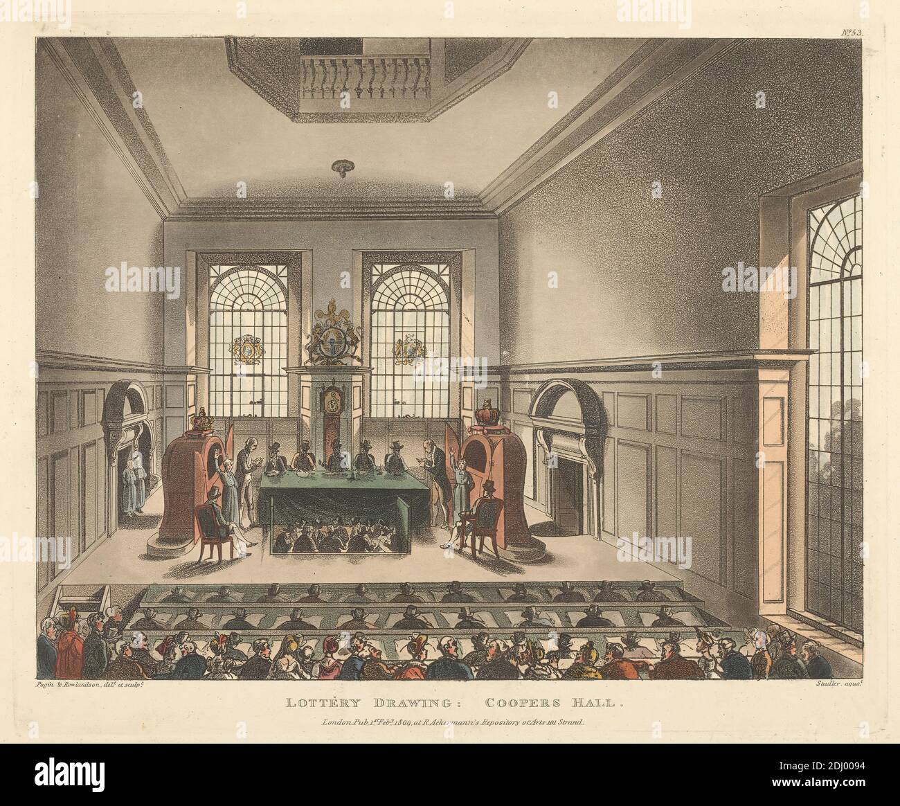 Lottery Drawing, Coopers Hall, Joseph Constantine Stadler, attivo 1780–1812, inglese, dopo Augustus Charles Pugin, 1762–1832, francese, e Thomas Rowlandson, 1756–1827, inglese, 1809, Aquatint, colorato a mano Foto Stock