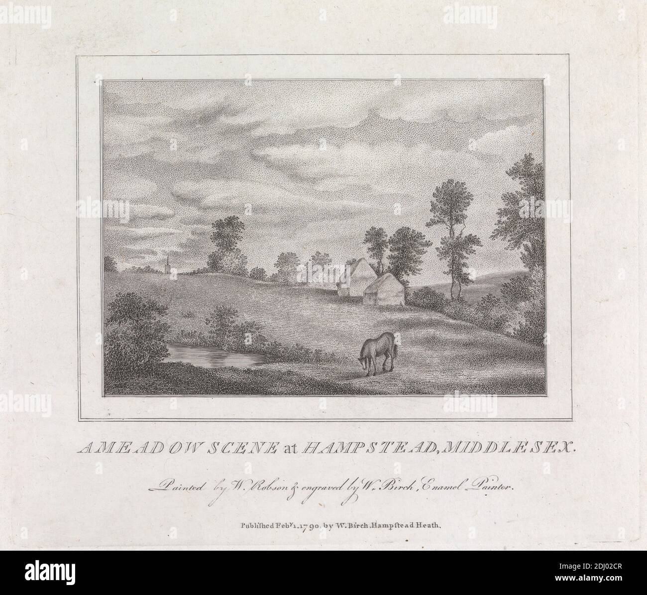 A Meadow Scene at Hampstead, Middlesex, William Birch, 1755–1834, inglese, dopo William Robson, attivo 18 ° secolo, 1790, incisione a stiple Foto Stock