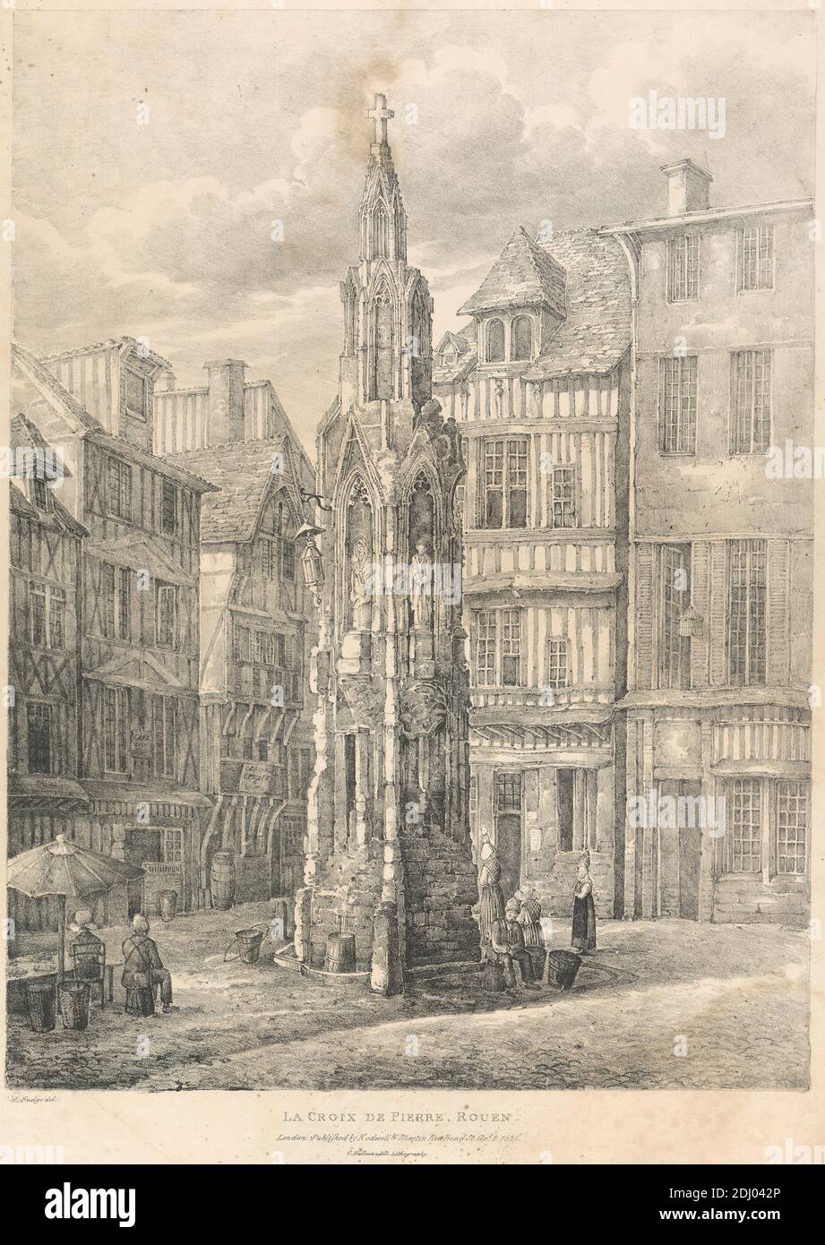 La Croix de Pierre, Rouen, Charles J. Hullmandel, 1789–1850, inglese, dopo J. Fudge, fl. 1815–1846, 1821, litografia, paesaggio urbano, Rouen Foto Stock