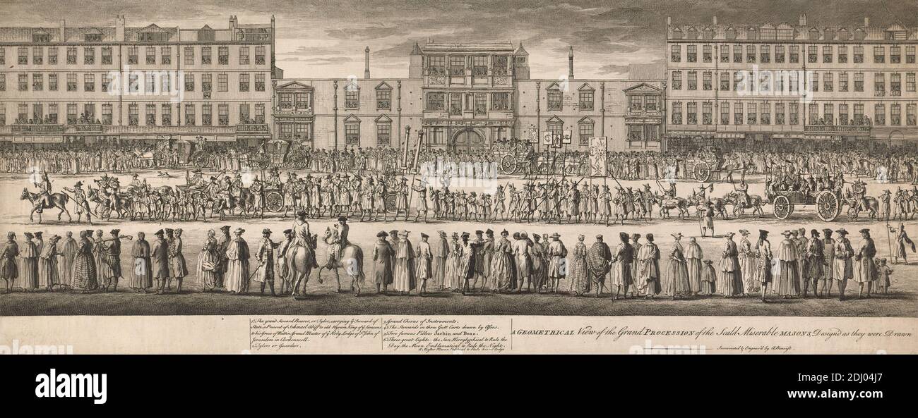 Una visione geometrica della Grande Processione dei miserabili massoni scaldati, progettati come sono stati redatti contro la Somerset House, nello Strand, il 27 aprile, Ano 1742, Guillaume Philippe Benoist, 1725–ca. 1770, francese, dopo Guillaume Philippe Benoist, 1725–ca. 1770, Francese, 1771, incisione Foto Stock