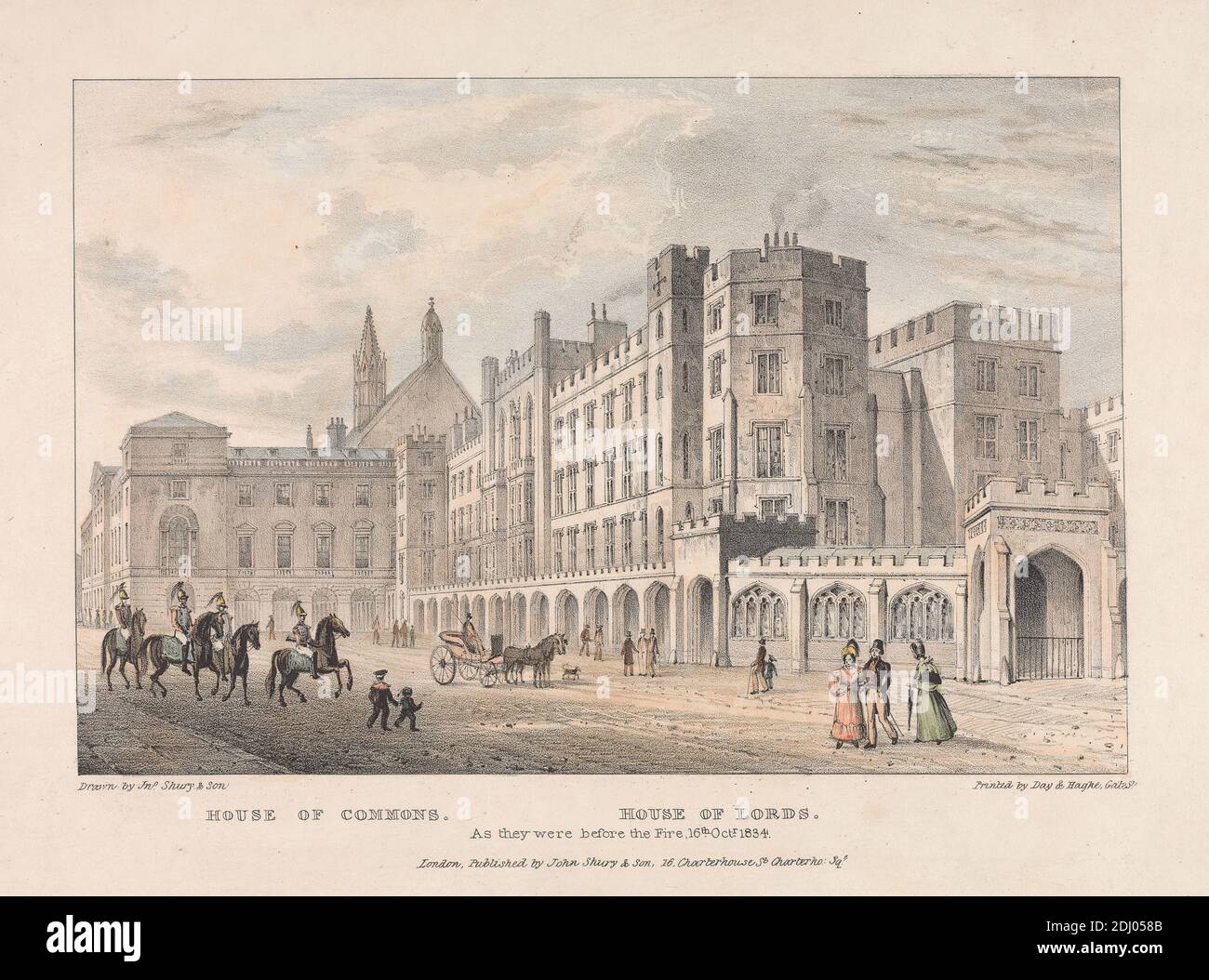 Casa dei Comuni, Casa dei Lord. Come erano prima del fuoco 16 ottobre 1834, J. Shury, attivo 1812, dopo l'artista sconosciuto, non datato, litografia colorata a mano Foto Stock