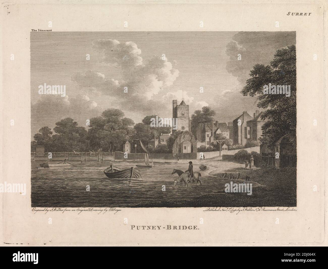 Putney Bridge, James Walker, 1748–1808, inglese, dopo Edward dayes, 1763–1804, inglese, 1796, Engraving Foto Stock