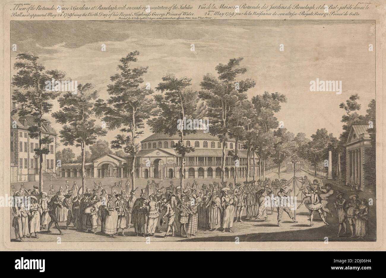 Una veduta della Casa e dei Giardini Rotunda a Ranelagh con una rappresentazione esatta della palla giubilare come apparve 24 maggio 1759, Nathaniel Parr, attivo 1742–1751, britannico, dopo Canaletto, 1697–1768, Veneziano, attivo in Gran Bretagna (1746–55), 1759, Engraving Foto Stock