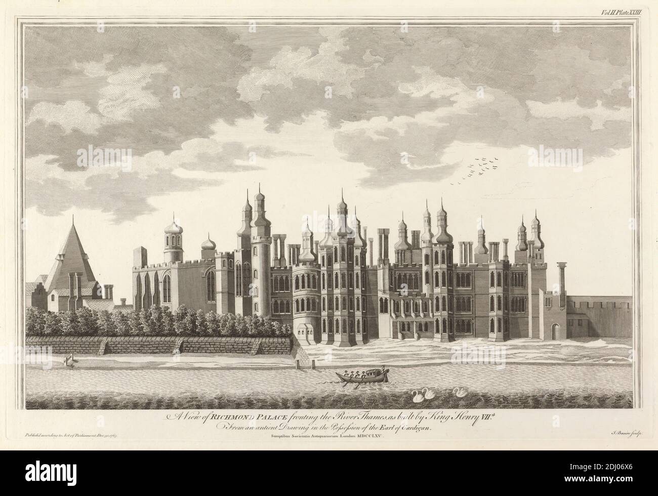 A View of Richmond Palace fronting the River Thames, James Basire, 1769–1822, inglese, dopo artista sconosciuto, 1765, Engraving Foto Stock