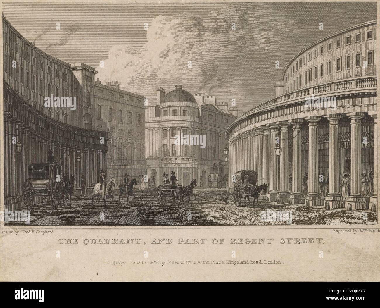 The Quadrant e parte di Regent Street, William Wallis, 1794 – attivo 1830, dopo Thomas Hoscher Shepherd, 1792–1864, inglese, 1828, Engraving Foto Stock