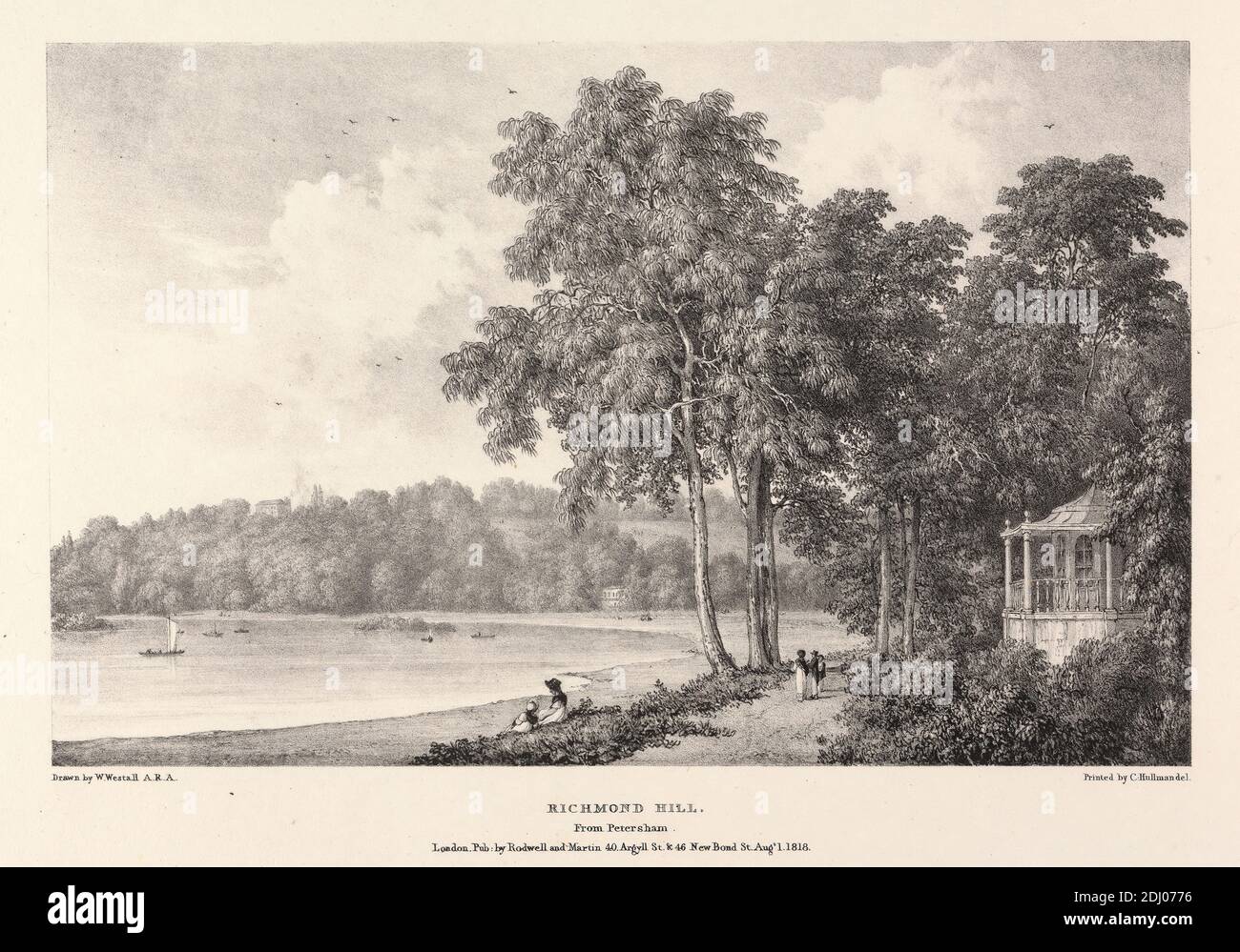 Richmond Hill, da Petersham, Charles J. Hullmandel, 1789–1850, inglese, dopo William Westall, 1781–1850, inglese, 1818, litografia Foto Stock