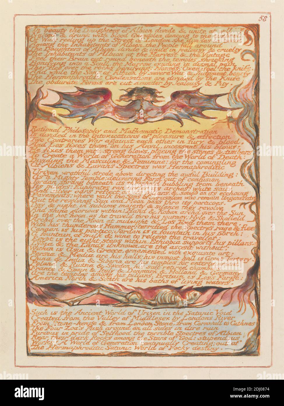 Jerusalem, Plate 58, 'in beauty the Figlie di Albion....', Stampa realizzata da William Blake, 1757–1827, British, 1804-1820, rilievo Etching stampato in arancione con penna e inchiostro nero e acquerello su carta di wove crema di spessore moderato, liscia, foglio: 13 1/2 x 10 3/8 pollici (34.3 x 26.4 cm) e piastra: 8 1/4 x 5 7/8 pollici (21 x 14.9 cm), fuoco, fiamme, tema letterario, soggetto religioso e mitologico, radici, scheletro, testo, viti, ali Foto Stock