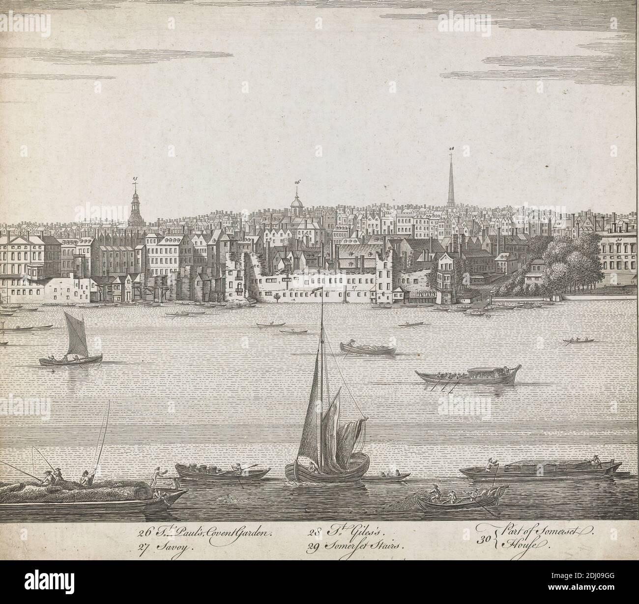 Porzione di Buck's View di Londra (1749) che mostra la Savoia e parte della Somerset House, artista sconosciuto, dopo Samuel Buck, 1696–1779, inglese, O dopo Nathaniel Buck, attivo 1727–1753, 1749, Engraving Foto Stock