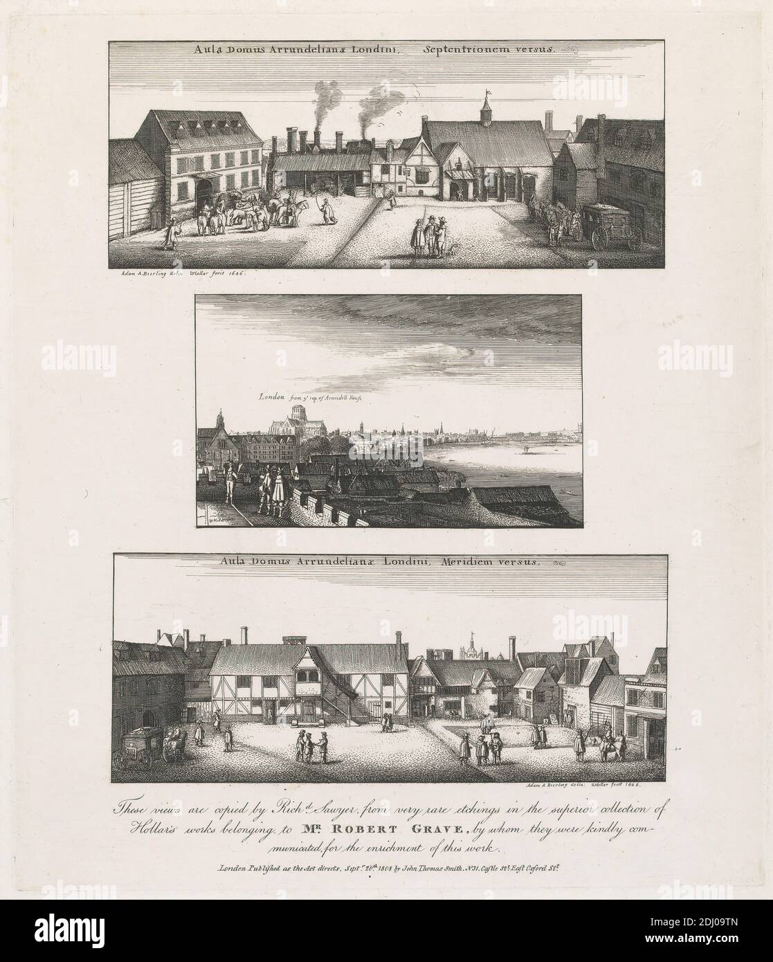 Viste di Arundel House, Londra dopo Hollar, Richard Sawyer, attivo 1820–1830, dopo Wenceslaus Hollar, 1607–1677, Boemia, 1808, incisione Foto Stock