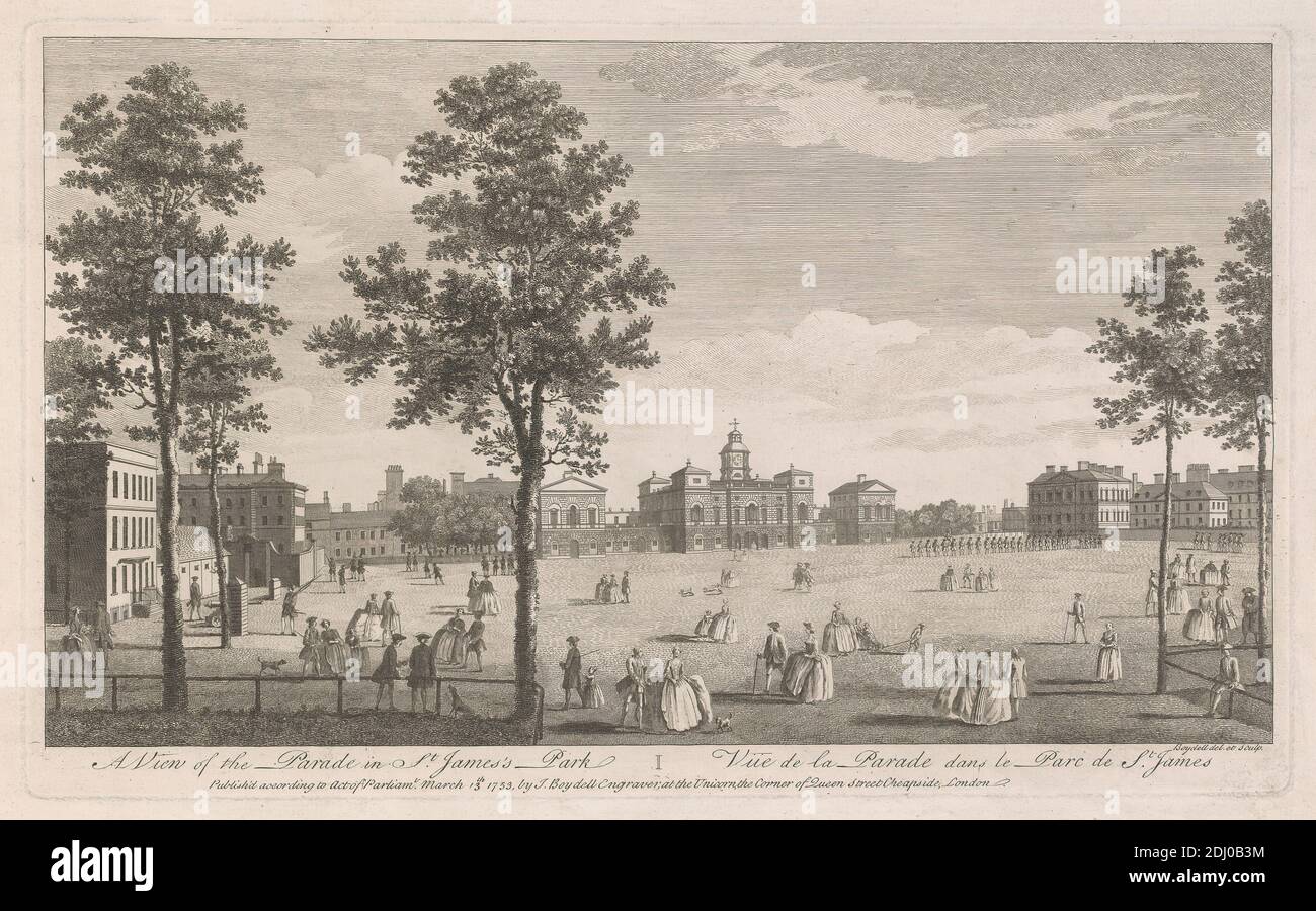 A View of the Parade in St. James's Park, John Boydell, 1720–1804, British, After John Boydell, 1720–1804, British, 1753, Engraving Foto Stock