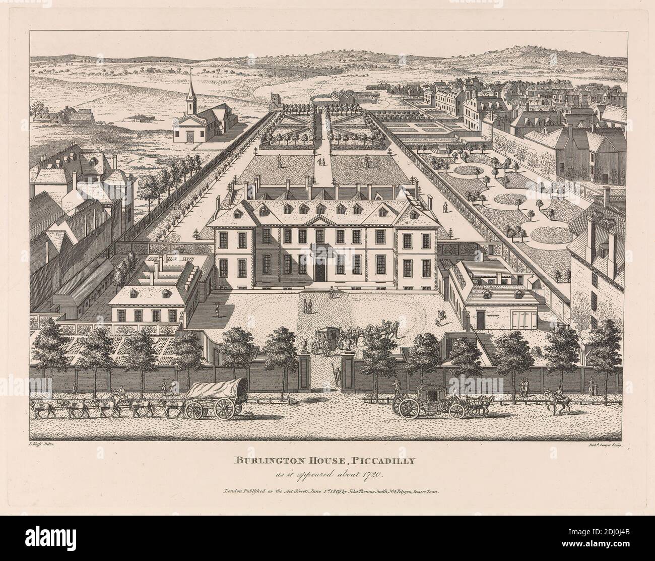 Burlington House, Piccadilly, Richard Sawyer, attivo 1820–1830, dopo Leonard Knyff, 1650–1721, olandese, attivo in Gran Bretagna (entro il 1681), 1809, Engraving Foto Stock