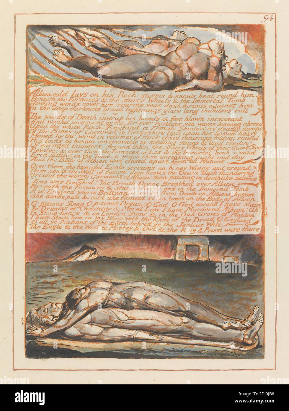 Jerusalem, Plate 94, 'Albion Cold Lays on His Rock....', Stampa fatta da William Blake, 1757–1827, British, 1804 a 1820, rilievo Etching stampato in arancione con penna e inchiostro nero e acquerello su carta di wove crema moderatamente spessa, liscia, foglio: 13 1/2 x 10 3/8 pollici (34.3 x 26.4 cm) e piatto: 8 3/8 x 6 pollici (21.2 x 15.2 cm), arco, morti, morte, collina, tema letterario, uomini, lutto, soggetto religioso e mitologico, radici, sinews, pietra, sole, testo, donne Foto Stock