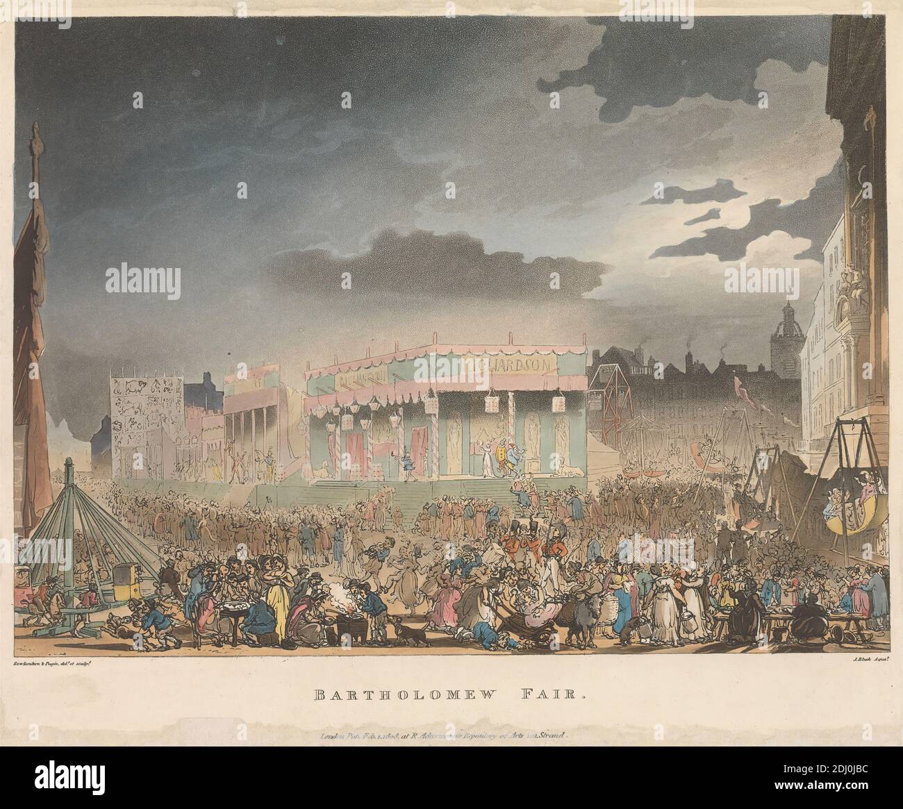 Bartholomew Fair, John Bluck, attivo 1791–1831, britannico, Thomas Rowlandson, 1756–1827, inglese, dopo Augustus Charles Pugin, 1762–1832, francese, 1808, Aquatint, colorato a mano Foto Stock