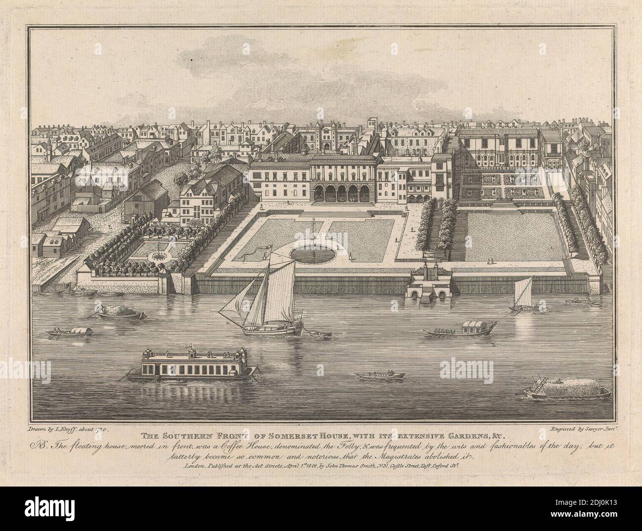 Il fronte meridionale della Somerset House, con il suo ampio Giardino, Richard Sawyer, attivo 1820–1830, dopo Leonard Knyff, 1650–1721, olandese, attivo in Gran Bretagna (entro il 1681), 1808, Engraving Foto Stock