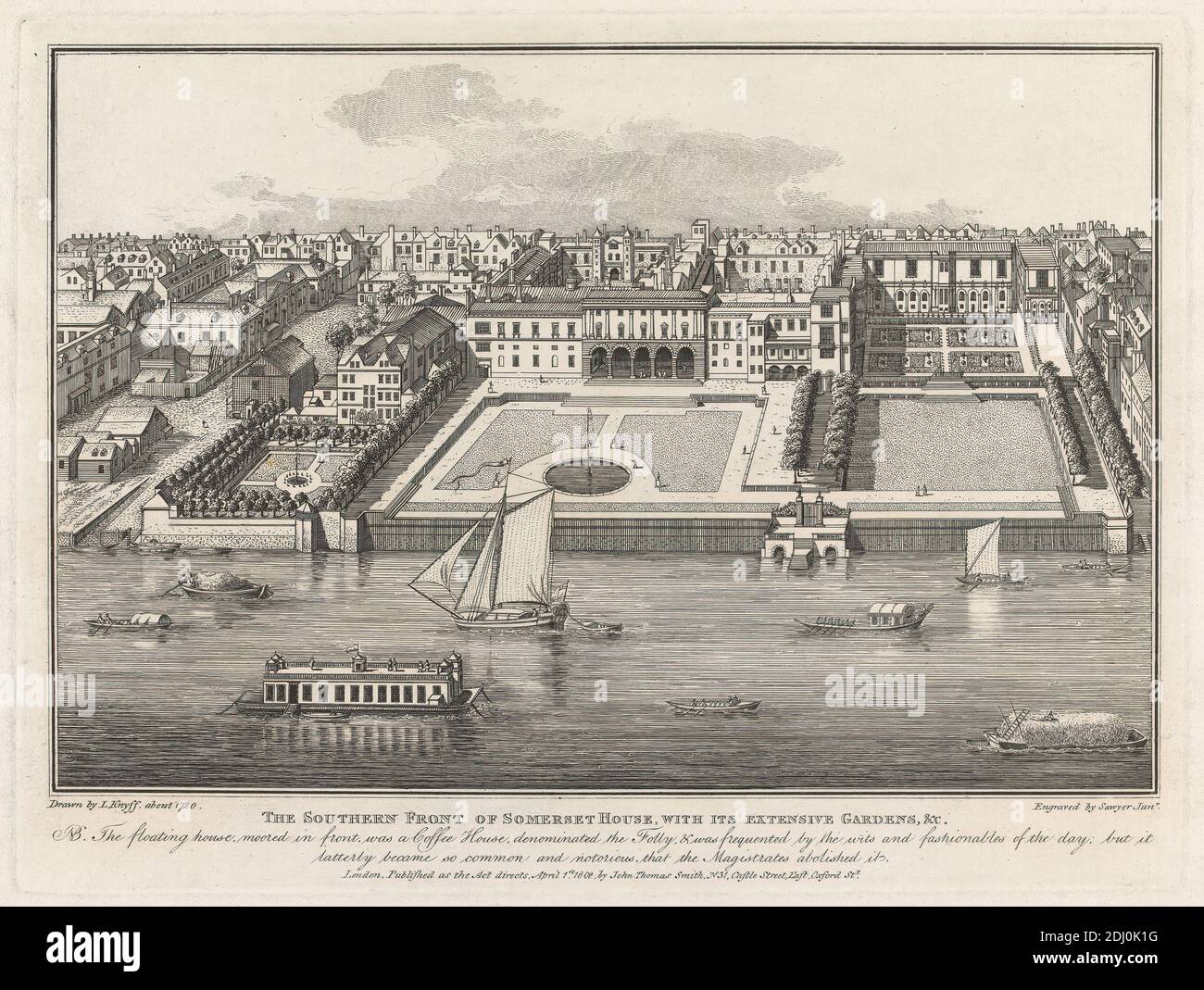 Il fronte meridionale della Somerset House, con i suoi ampi giardini, Richard Sawyer, attivo 1820–1830, dopo Leonard Knyff, 1650–1721, olandese, attivo in Gran Bretagna (entro il 1681), 1808, Engraving Foto Stock