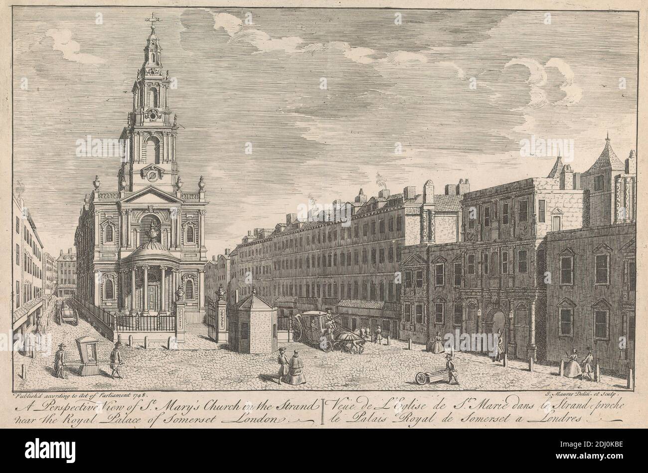 Una vista prospettica della Chiesa di San Marys nello Strand vicino al Palazzo reale di Somerset, Londra, John Maurer, attivo 1713–1761, dopo John Maurer, attivo 1713–1761, 1748, incisione Foto Stock