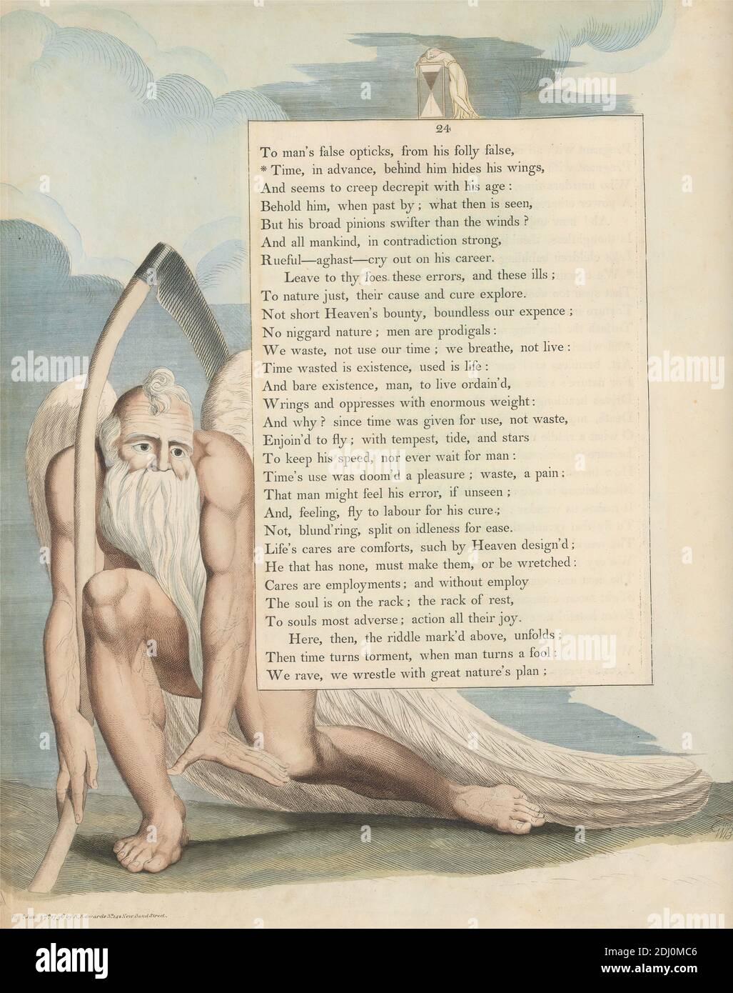 Young's Night Thoughts, pagina 24, 'Time, in Advance, Behind His Wings', Stampa di William Blake, 1757–1827, British, 1797, incisione e incisione con acquerello su carta di wove crema di spessore moderato, leggermente testurizzata, spina: 17 1/2 pollici (44.5 cm), foglio: 16 1/2 x 12 7/8 pollici (41.9 x 32.7 cm), e piatto: 15 3/4 x 12 7/8 pollici (40 x 32.7 cm), angelo, barba, nuvole, abito, clessidra, tema letterario, uomo, uomo, soggetto religioso e mitologico, testo, tempo, donne Foto Stock