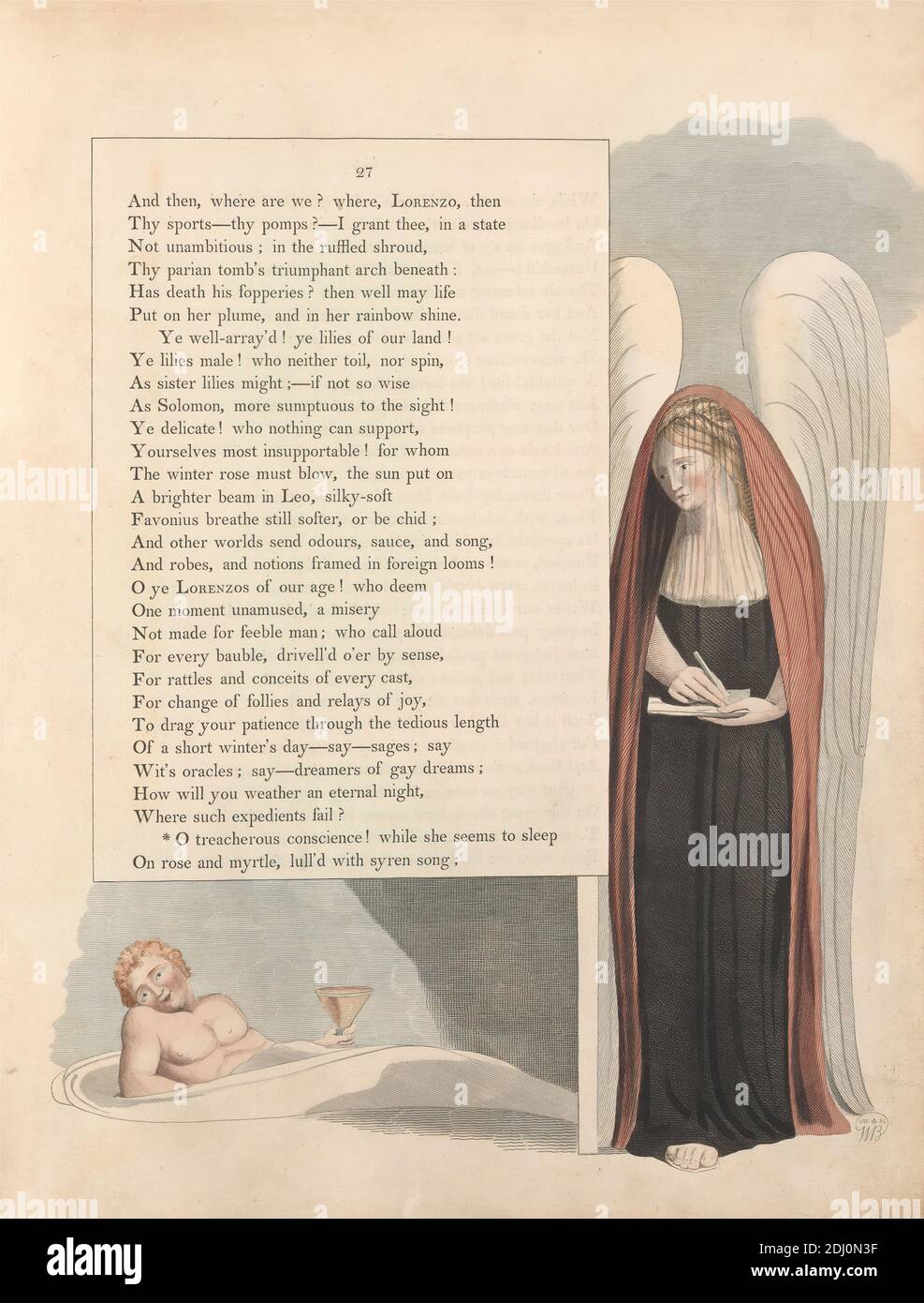 Young's Night Thoughts, pagina 27, 'o Treacherous Conscience!', Stampa realizzata da William Blake, 1757–1827, British, 1797, incisione e incisione con acquerello su carta di wove crema di spessore moderato, leggermente testurizzata, colonna vertebrale: 17 1/2 pollici (44.5 cm), foglio: 16 1/2 x 12 3/4 pollici (41.9 x 32.4 cm) e piastra: 16 1/8 x 12 5/8 pollici (41 x 32.1 cm), angelo, libro, tazza, bere, cibo, calice, abito, tema letterario, uomini, soggetto religioso e mitologico, abito, testo, ali, donne, scrittura (processi Foto Stock