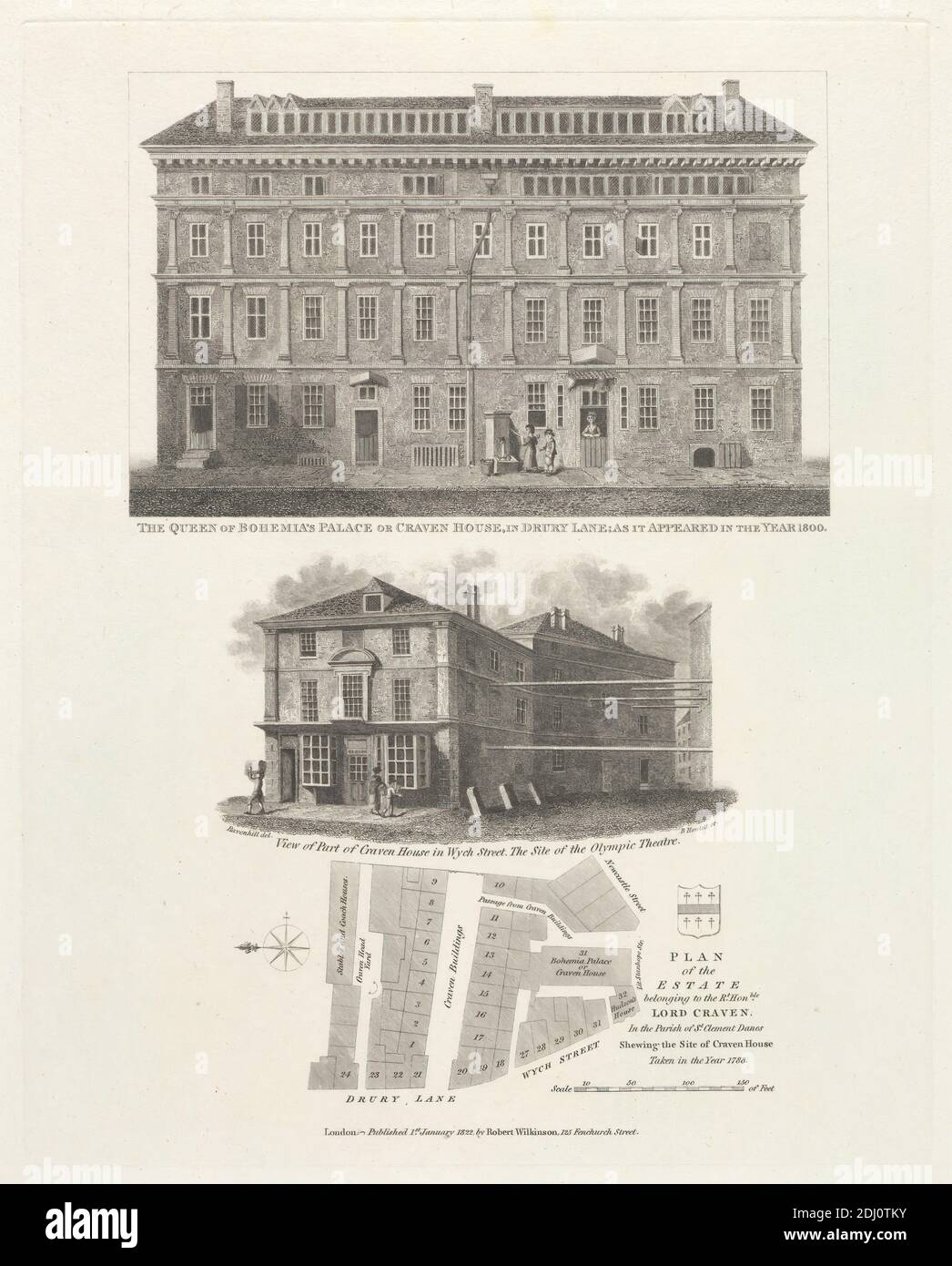 La Regina del Palazzo di Boemia, o Crover House in Drury Lane; come apparve nell'anno 1800, Bartholomew Howlett, 1767–1827, inglese, dopo artista sconosciuto, ( Ravenhill ), 1822, Engraving Foto Stock