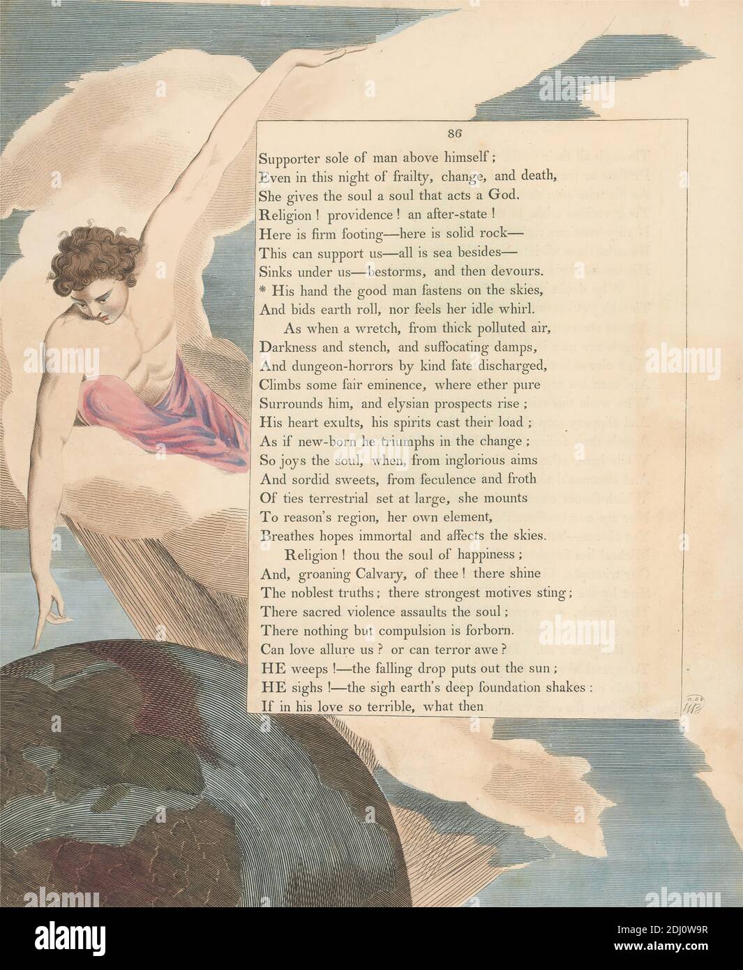 Young's Night Thoughts, pagina 86, 'His Hand the Good Man fastens on the Skies', Stampa realizzata da William Blake, 1757–1827, British, 1797, incisione e incisione con acquerello su carta color crema leggermente spessa, spina: 17 1/2 pollici (44.5 cm), foglio: 16 5/8 x 13 pollici (42.2 x 33 cm), e piatto: 15 1/2 x 13 pollici (39.4 x 33 cm), nuvole, terra, globo, tema letterario, uomo, uomo, pianeta, puntamento, soggetto religioso e mitologico, testo Foto Stock