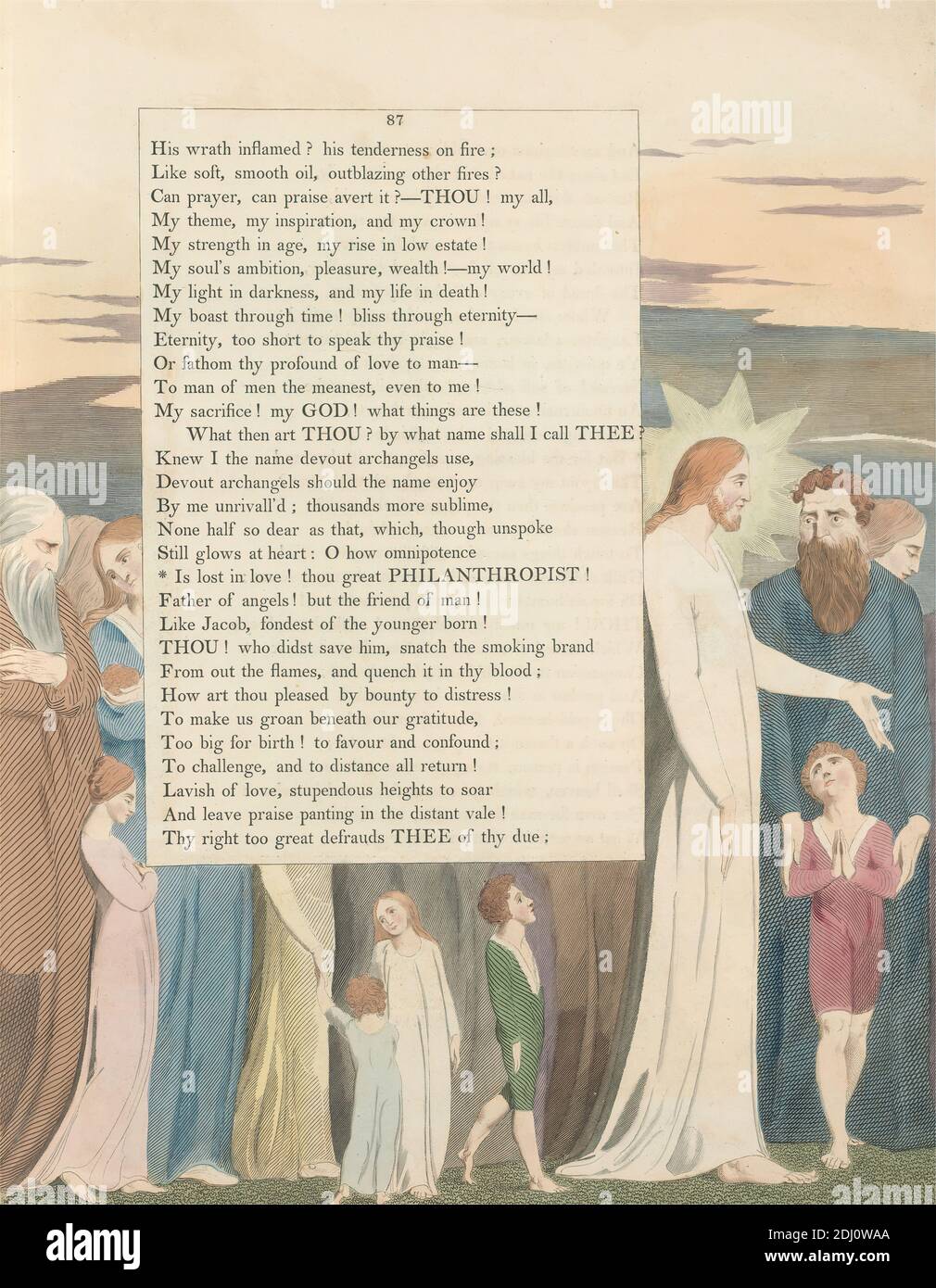 Young's Night Thoughts, pagina 87, 'è perso in amore! Thou Great Philantropist', Stampa realizzata da William Blake, 1757–1827, British, 1797, incisione e incisione con acquerello su carta di wove crema di spessore moderato, leggermente testurizzata, spina: 17 1/2 cm (44.5 pollici), foglio: 16 3/4 x 12 5/8 cm (42.5 x 32.1 pollici), e piastra: 15 5/8 x 32.1 cm (12 5/8 x 39.7 pollici), barba, bambini, tema letterario, uomini, soggetto religioso e mitologico, testo, donne Foto Stock