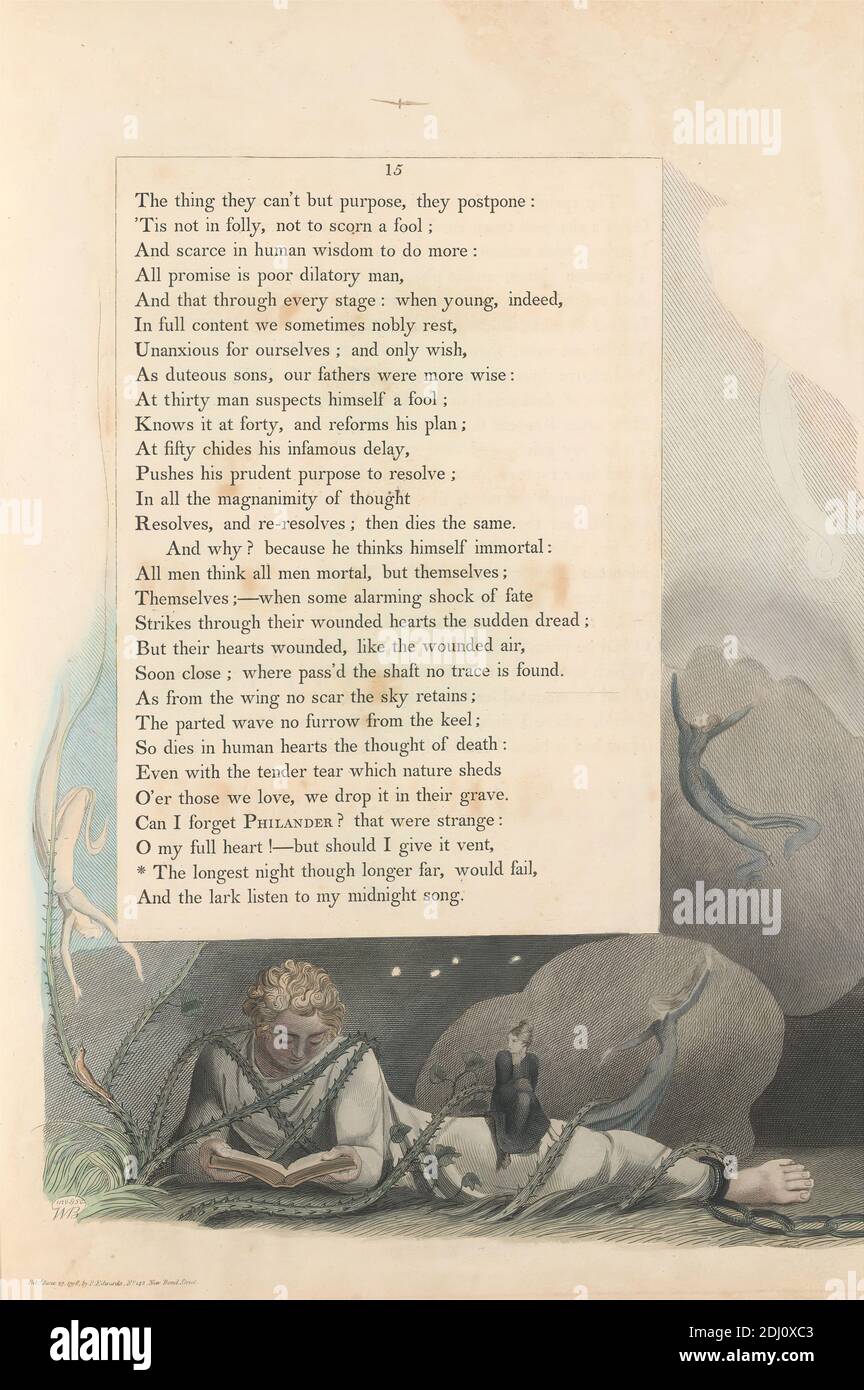 Young's Night Thoughts, pagina 15, 'The Longer Night Though Longer far, wlad fail', Stampa di William Blake, 1757–1827, British, 1797, incisione e incisione con acquerello su carta di color crema leggermente spessa, spina: 17 1/2 pollici (44.5 cm), foglio: 16 1/2 x 12 7/8 pollici (41.9 x 32.7 cm), e piatto: 16 1/4 x 12 5/8 pollici (41.3 x 32.1 cm), uccello, libro, catena, foglia (materiale vegetale), tema letterario, uomini, notte, lettura, soggetto religioso e mitologico, stelle, testo, spine, viti, donne Foto Stock