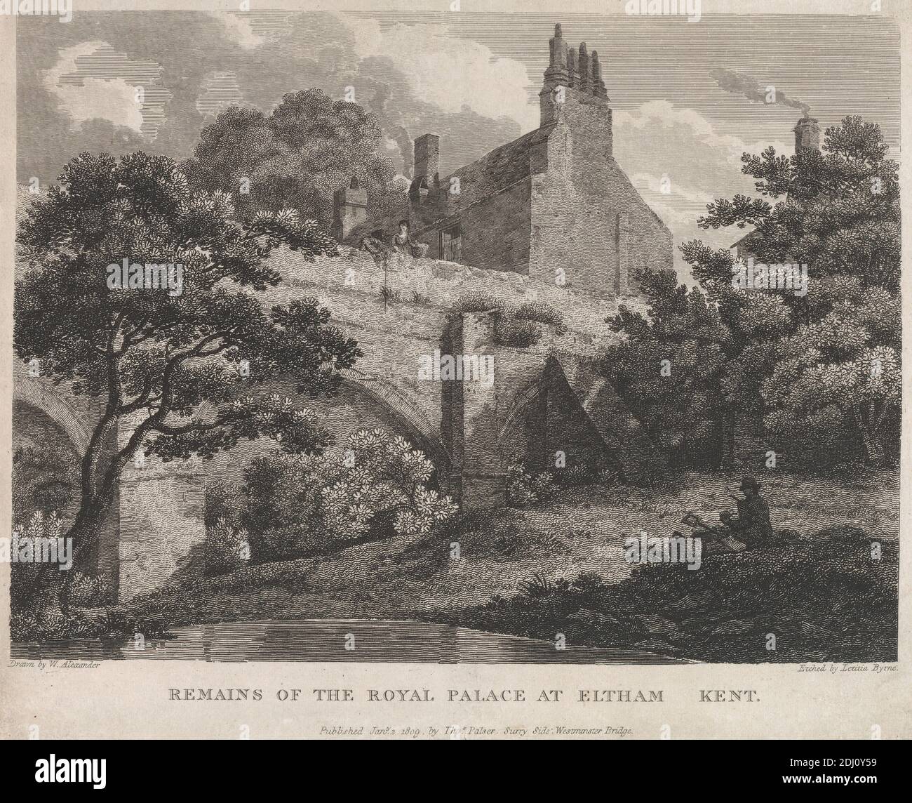 Resti del Palazzo reale a Eltham, Kent, Letitia Byrne, 1779–1849, inglese, dopo William Alexander, 1767–1816, inglese, 1809, incisione Foto Stock