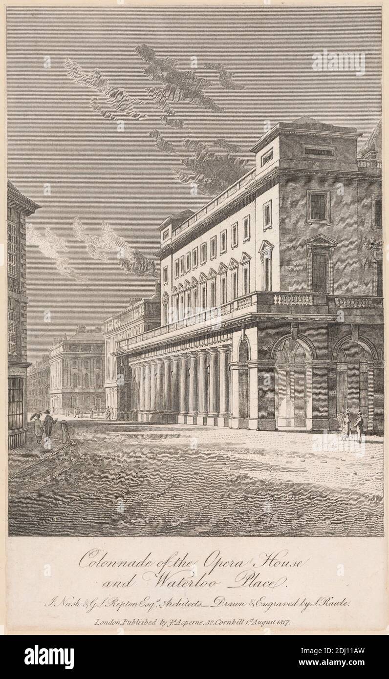 Colonnato dell'Opera House e Waterloo Place, Samuel Rawle, 1771–1860, inglese, dopo Samuel Rawle, 1771–1860, inglese, 1817, Engraving Foto Stock