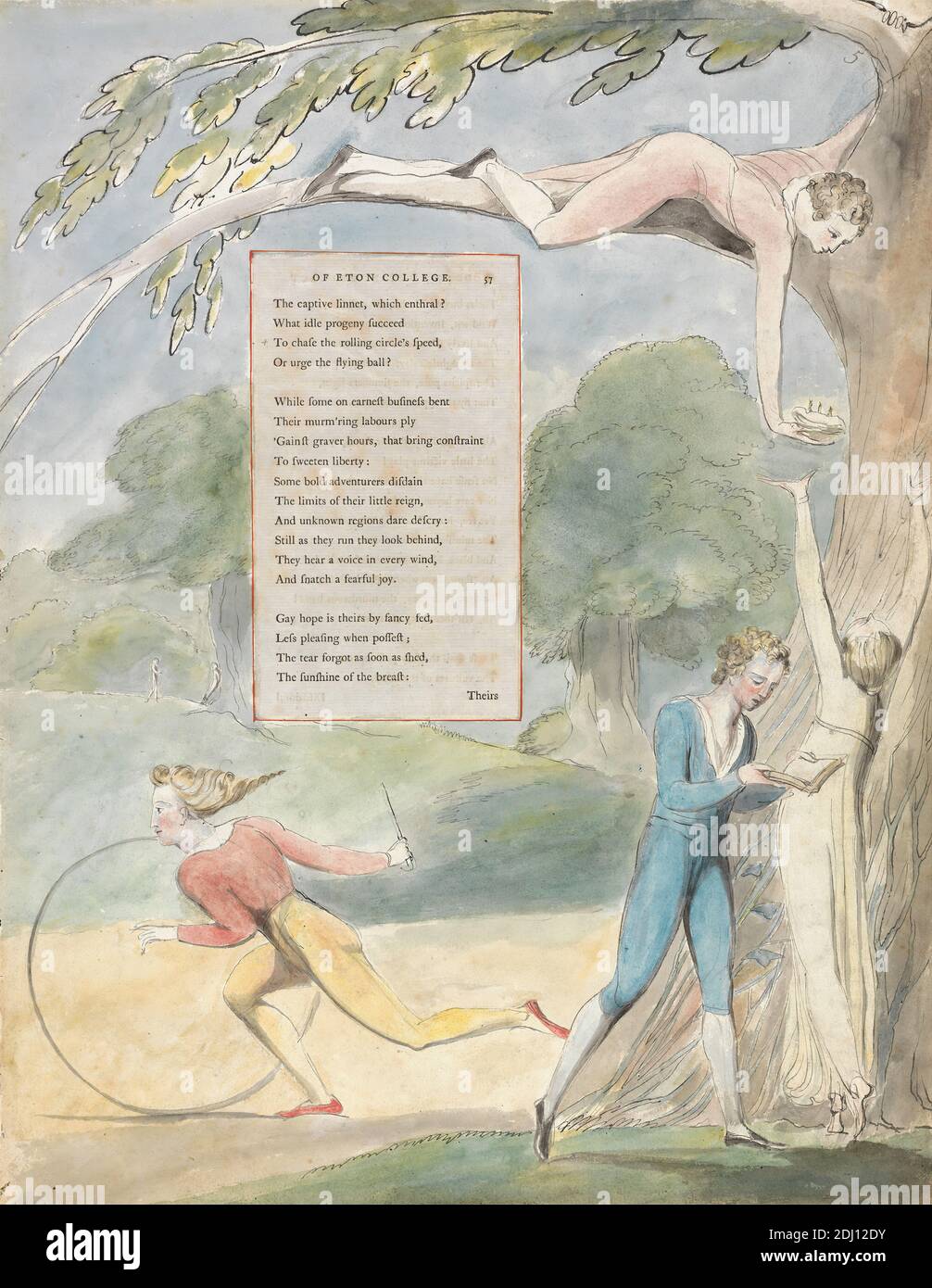 The Poems of Thomas Grey, Design 17, 'Ode on a Distant Prospect of Eton College.', William Blake, 1757–1827, British, tra il 1797 e il 1798, Watercolor con penna e inchiostro nero e grafite su carta in wove color crema di spessore moderato, leggermente testurizzata, con pagina di stampa intestata intarsiata, foglio: 16 1/2 x 12 3/4 pollici (41.9 x 32.4 cm), palla, pipistrello, uccelli, ragazzi, grotta, ragazze, cappello, cerchio, tema letterario, uomini, mostri, nido (architettura animale), notte, serpente, bastone, testo, alberi, ali, donne, Berkshire, Inghilterra, Eton College, Regno Unito, Windsor Foto Stock