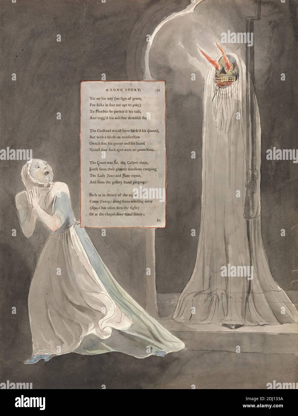 The Poems of Thomas Grey, Design 31, 'A Long Story.', William Blake, 1757–1827, British, tra il 1797 e il 1798, Watercolor con penna e inchiostro nero e grafite su carta color crema di spessore moderato, leggermente testurizzata, con pagina di stampa intestata intarsiata, foglio: 16 1/2 x 12 3/4 pollici (41.9 x 32.4 cm), baionetta, panca, cappello, chiesa, porta, abiti, fiamme, fantasma, abito, cappelli, tema letterario, maschera, uomini, pew, soggetto religioso e mitologico, fucile, ruff, sermone, testo, donna, donne Foto Stock