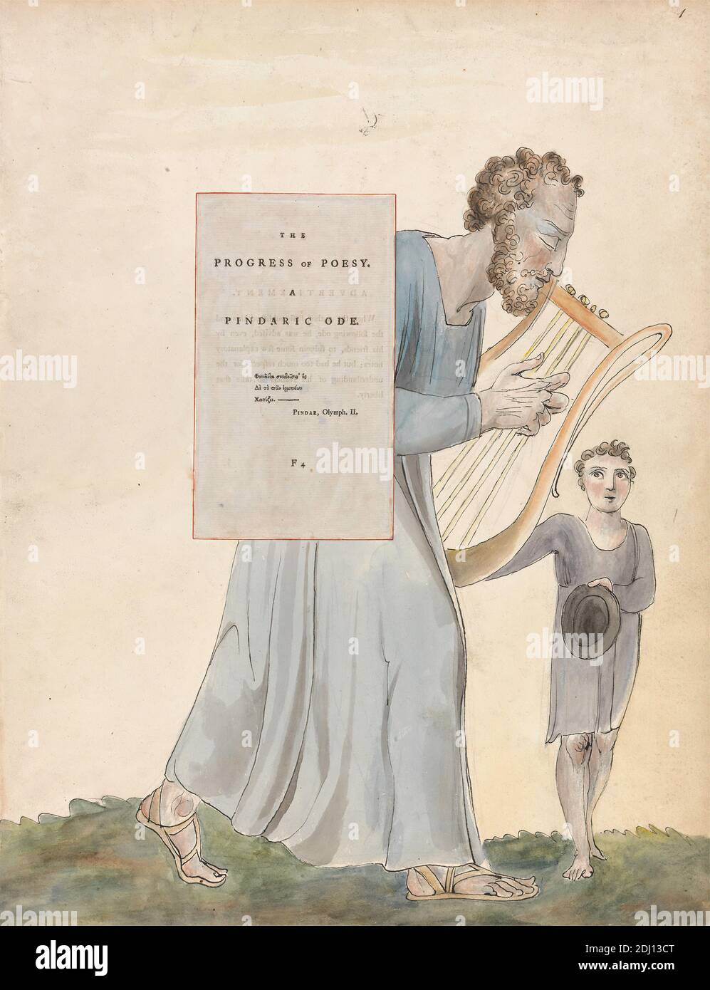 The Poems of Thomas Grey, Design 41, 'The Progress of Poesy.', William Blake, 1757–1827, British, tra il 1797 e il 1798, Watercolor con penna e inchiostro nero e grafite su carta in wove crema di spessore moderato, leggermente testurizzata con pagina di stampa intestata intarsiata, foglio: 16 1/2 x 12 3/4 pollici (41.9 x 32.4 cm), angelo, bambino, barba, ragazzo, ragazzo, sedia, bambini, erba, arpa, cappello, bambino, luce, tema letterario, lira, uomo, uomo, madre, lettura, soggetto religioso e mitologico, vetro colorato, testo, finestra, donne Foto Stock