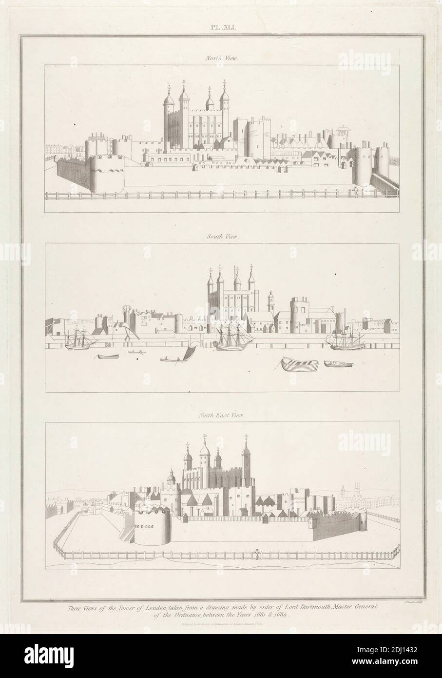 Tre viste della Torre di Londra, dopo James Basire, 1769–1822, britannico, dopo l'artista sconosciuto, 1815, Engraving Foto Stock
