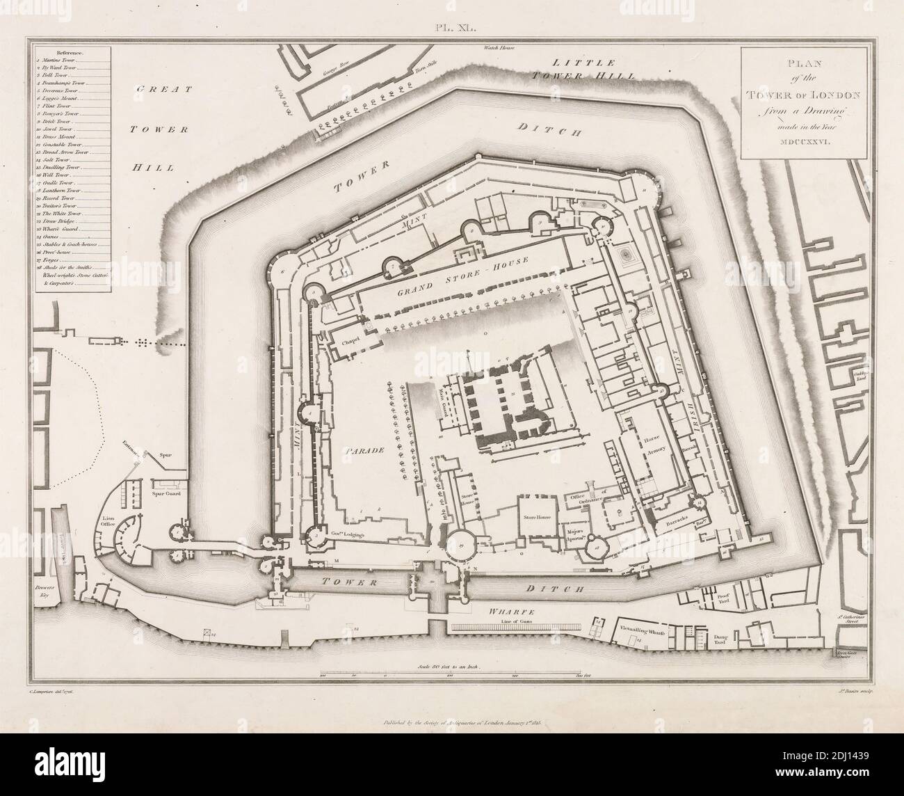 Piano della Torre di Londra MDCCXXVI, James Basire, 1769–1822, inglese, dopo C. Lampriere, 1815, incisione Foto Stock
