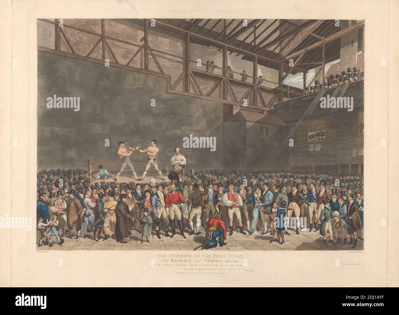 The Interior of the Fives Court, with Randall, and Turner Sparring, Charles Turner, 1774–1857, British, After T. Blake, Active 1821–1831, 1821, Aquatint, hand-colored, Sheet: 22 7/8 x 31 5/8in. (58.1 x 80,3 cm Foto Stock