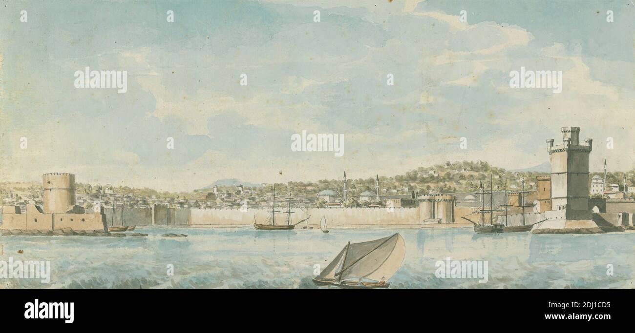Viste nel Levant: Vista di una città murata e del porto con le Torri viste dal mare, Willey Reveley, (?), 1760–1799, inglese, ca. 1785, acquerello, penna e inchiostro nero, e grafite su carta media, leggermente testurizzata, crema, carta defilata, montata su carta spessa, leggermente testurizzata, marrone, carta wove, foglio: 6 5/8 × 14 5/16 pollici (16.8 × 36.4 cm), barche, paesaggio urbano, porto, collina, arte marina, mare, torri (divisioni di edifici), città, muro, Grecia, Levante, Torre Naillac, Rodi Foto Stock