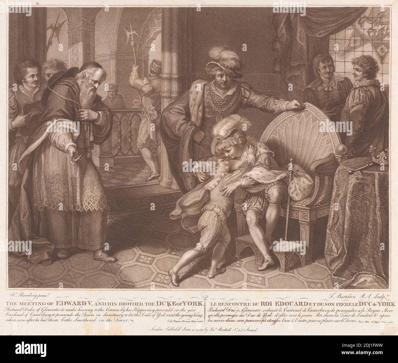 L'incontro di Edoardo V, e suo fratello il Duca di York, Francesco Bartolozzi RA, 1728–1815, italiano, attivo in Gran Bretagna (1764–99), dopo Johann Heinrich Ramberg, 1763–1840, tedesco, attivo in Gran Bretagna (1781–88), 1789, Engraving Foto Stock