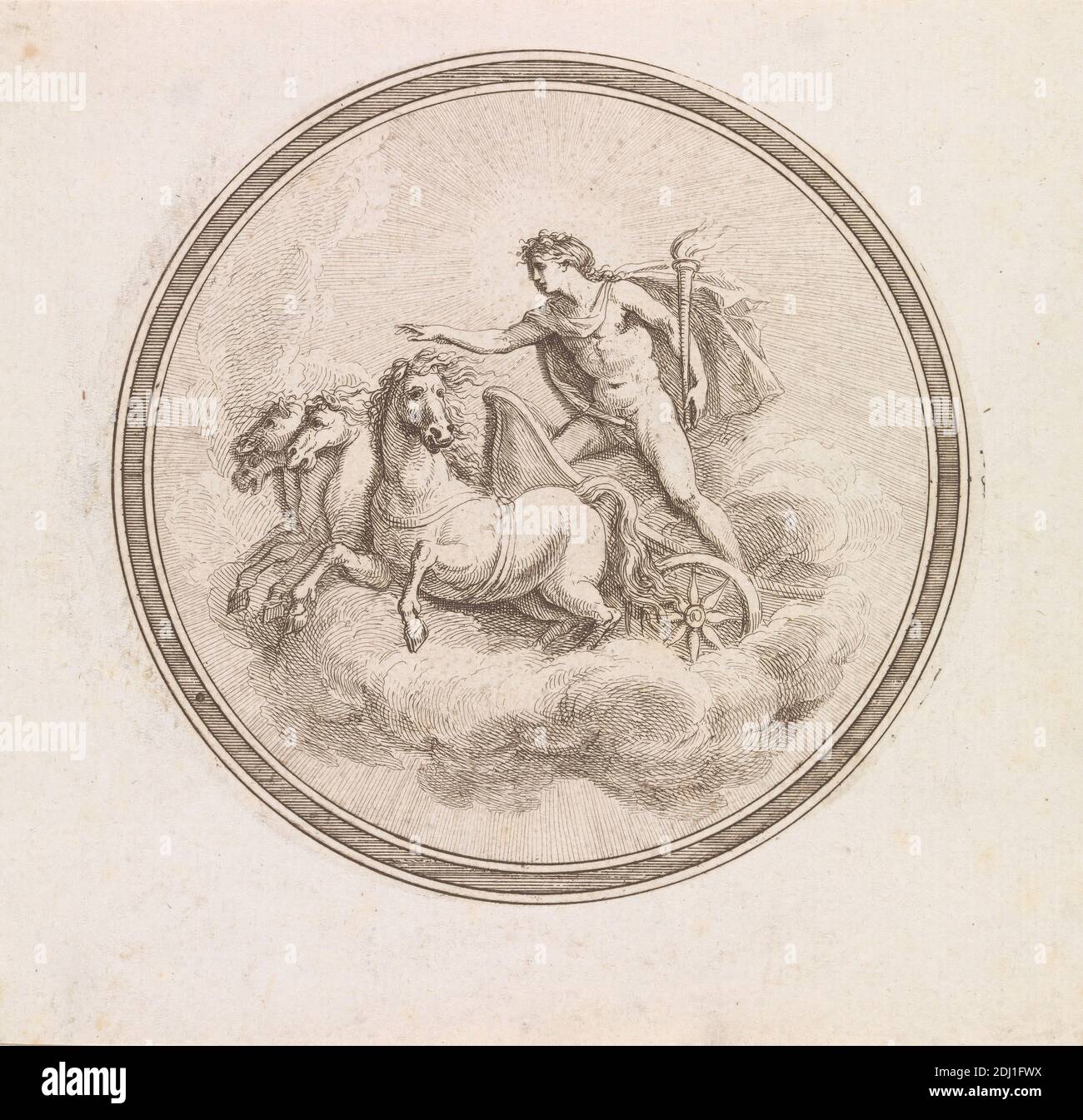 Uomo con torcia Flaming in quattro Cavallo Chariot, rappresentante Sun, Apollo, Francesco Bartolozzi RA, 1728–1815, italiano, attivo in Gran Bretagna (1764–99), dopo artista sconosciuto, non datato, incisione Foto Stock
