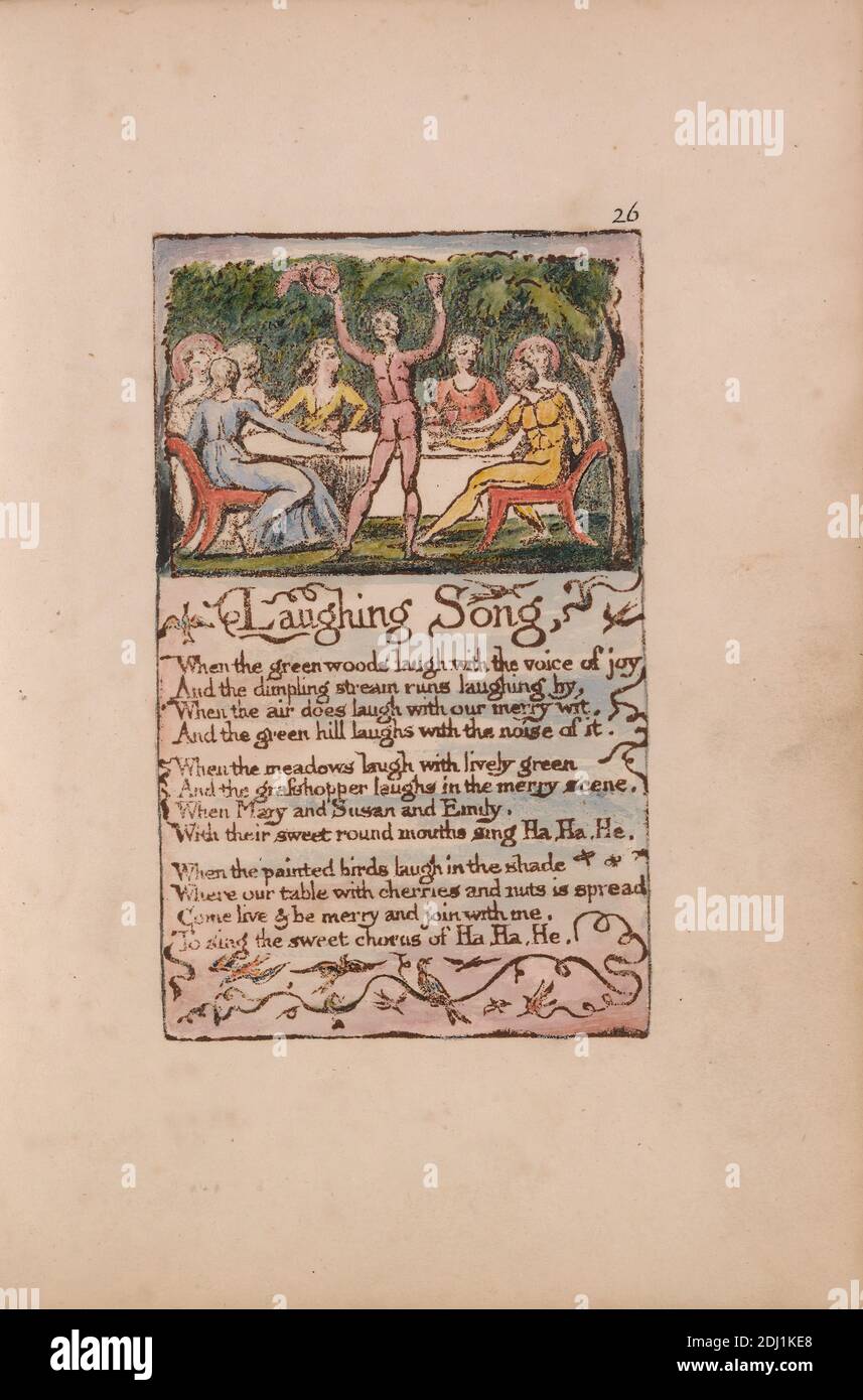 Songs of Innocence and of Experience, Plate 26, "Laughing Song" (Bentley 15), Stampa realizzata da William Blake, 1757–1827, British, dal 1789 al 1794, incisione a rilievo stampata in marrone scuro con inchiostro nero e penna e acquerello su carta color crema leggermente spessa, foglio: 7 1/8 x 5 pollici (18.1 x 12.7 cm), piatto: 4 3/8 x 2 5/8 pollici (11.1 x 6.7 cm), e spina: 7 3/8 pollici (18.7 cm), rami, sedia, foglia, tema letterario, uomini, seduto, tavolo, testo, alberi, donne Foto Stock