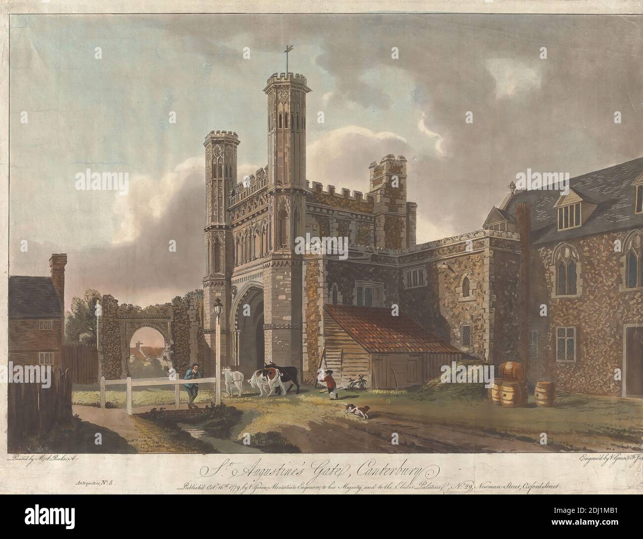 St. Augustine's Gate, Canterbury, Valentine Green, 1739–1813, British, Francis Jukes, 1747–1812, British, After Michael 'Angelo' Rooker, 1746–1801, British, Published by Valentine Green, 1739–1813, British, 1779, Aquatint e Etching con colorazione a mano su carta leggermente testurizzata e leggermente spessa, foglio: 15 15/16 x 20 15/16 pollici (40.5 x 53.2 cm) e immagine: 13 7/8 x 20 3/16 pollici (35.2 x 51.2 cm), abbazia, archi, soggetto architettonico, barili, ragazzo, edifici, bestiame, bambino, mucche, cane (animale), recinto, gatehouse, genere soggetto, uomo, percorso, corsa, Canterbury, Inghilterra, Kent, St Foto Stock