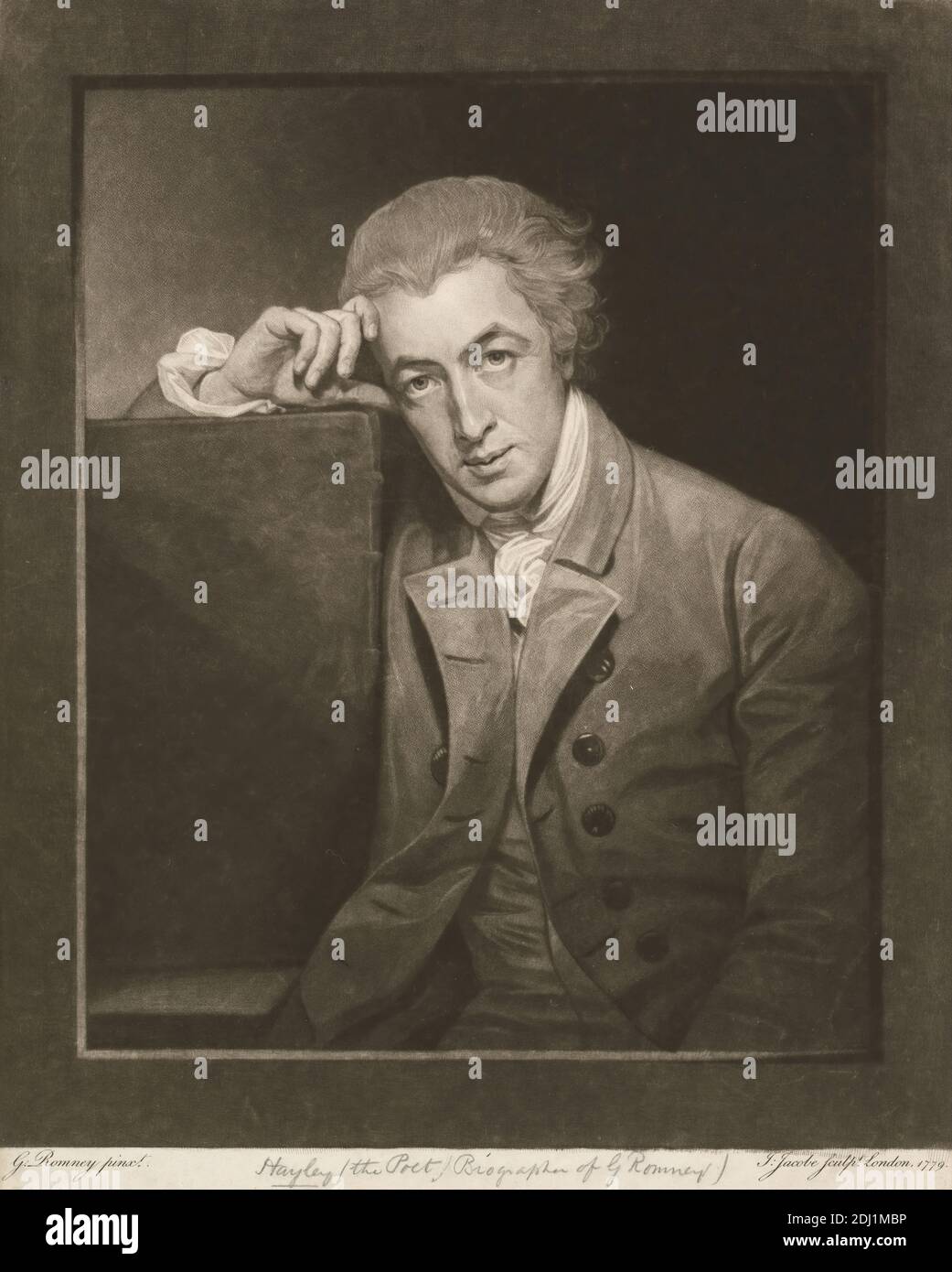 William Hayley, Johann Jacobé, 1733–1797, Austriaco, After George Romney, 1734–1802, British, 1779, Mezzotint, foglio: 12 7/8 x 10 3/4in. (32.7 x 27,3 cm Foto Stock