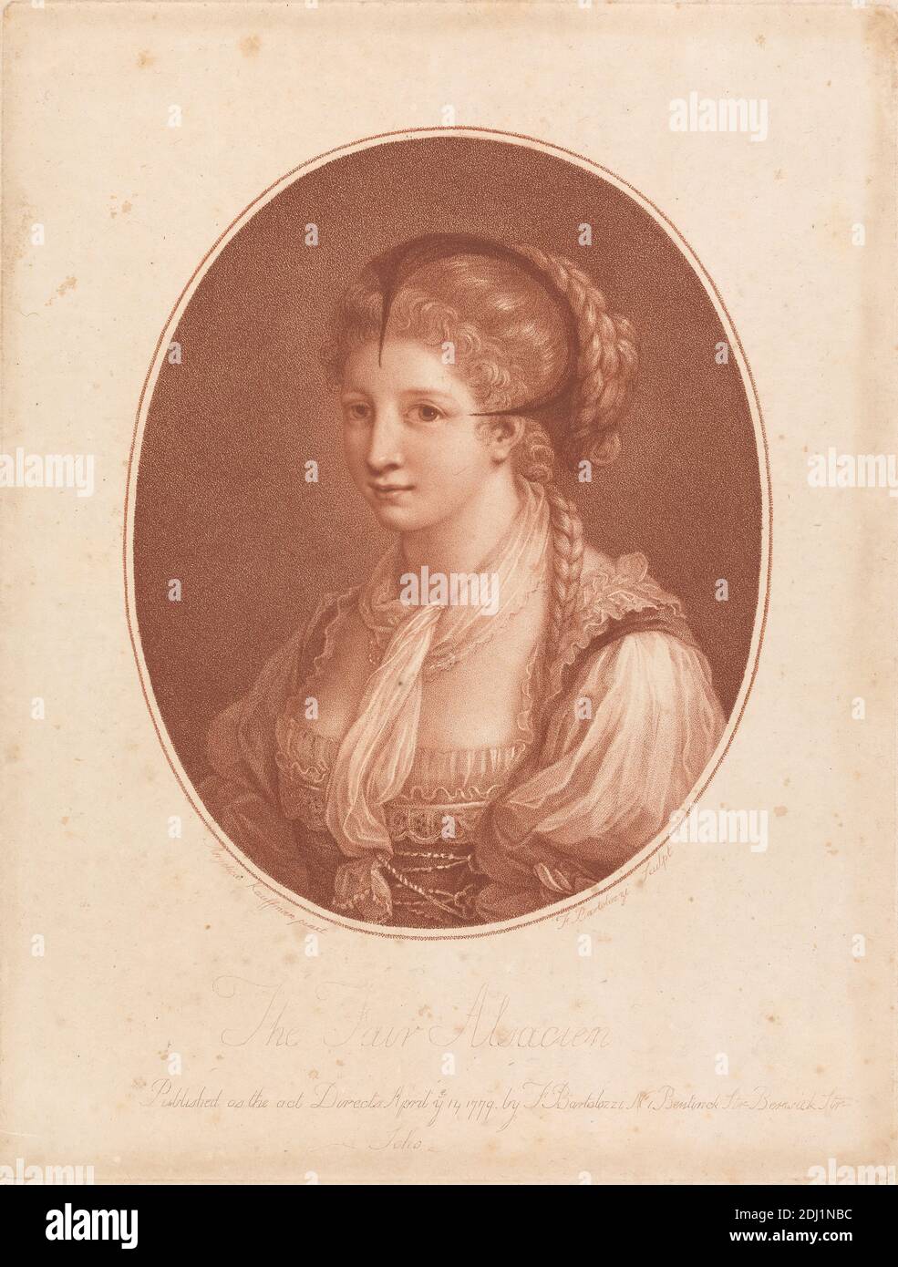 La Fiera Alsacien, Francesco Bartolozzi RA, 1728–1815, italiano, attivo in Gran Bretagna (1764–99), dopo Angelica Kauffmann RA, 1741–1807, svizzero, attivo in Gran Bretagna (1766–81), 1779, incisione Foto Stock